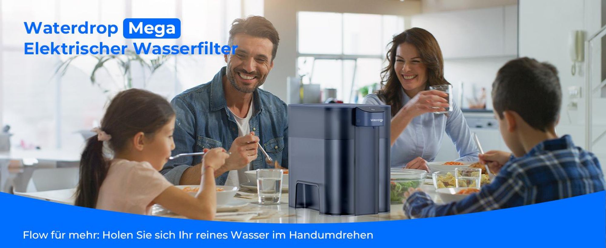 Waterdrop Mega Sofortiger Elektrischer Wasserfilterkrug mit 4 Filter, 6L Wasserfilterkannen, Reduziert Chlor, Blei, Quecksilber, 757 Liter, Blau