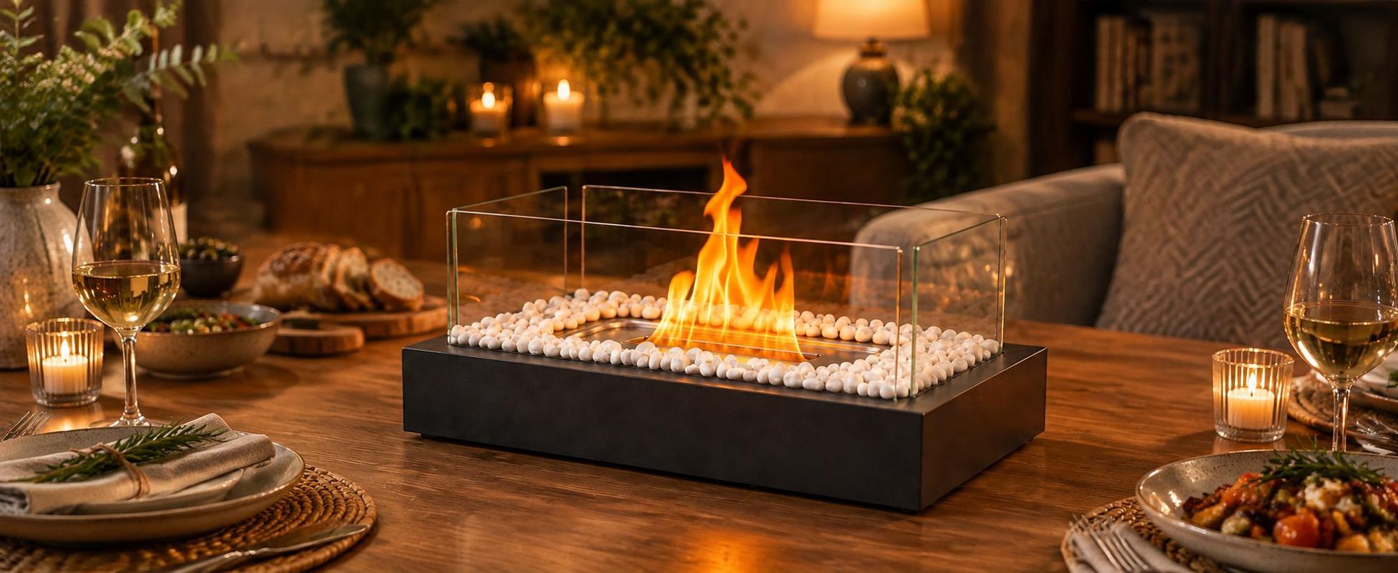 ZMH -ethanol tafelkachel, roestvrij staal, tafelhaard, 35x18x15cm, rechthoekig, glazen haard, glazen vlam, tafeldecoratie, decoratieve haard, zwart, geschikt voor woonkamer, buiten, feestjes