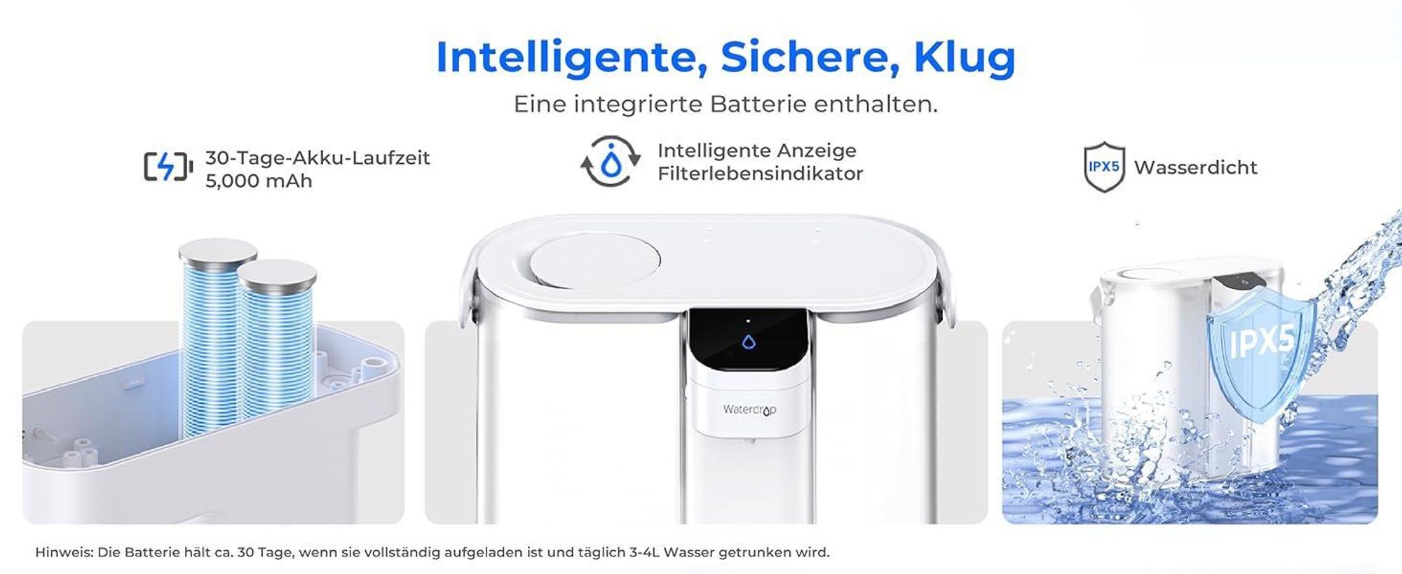 Waterdrop Eletric Wasserfilter Krug für Kühlschrank mit 4 Filter, Countertop Wasserfilter System, 757 Liter, Weiß, WD-ED02W