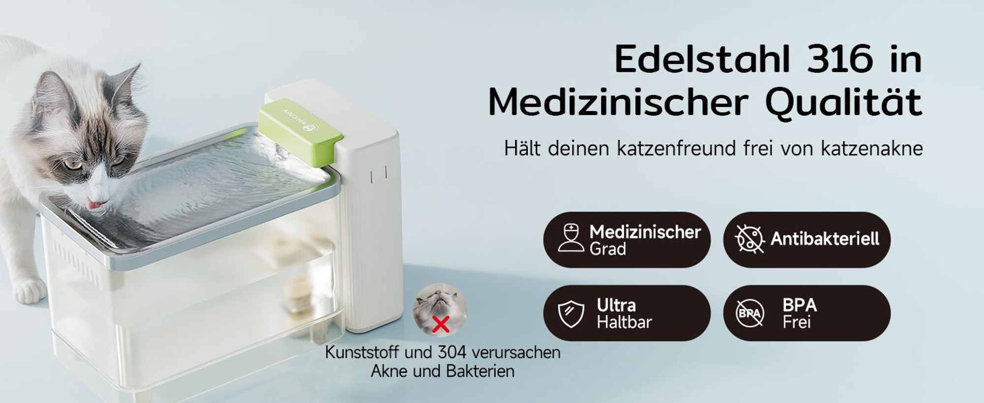 Amicura A3 Lite Trinkbrunnen für Katze mit Ultrafiltrationstechnologie - 3,3L Großer Tank, SUS316 Edelstahl-Trinkschale, ≤25dB, 100% Wasserdicht (Weiß)
