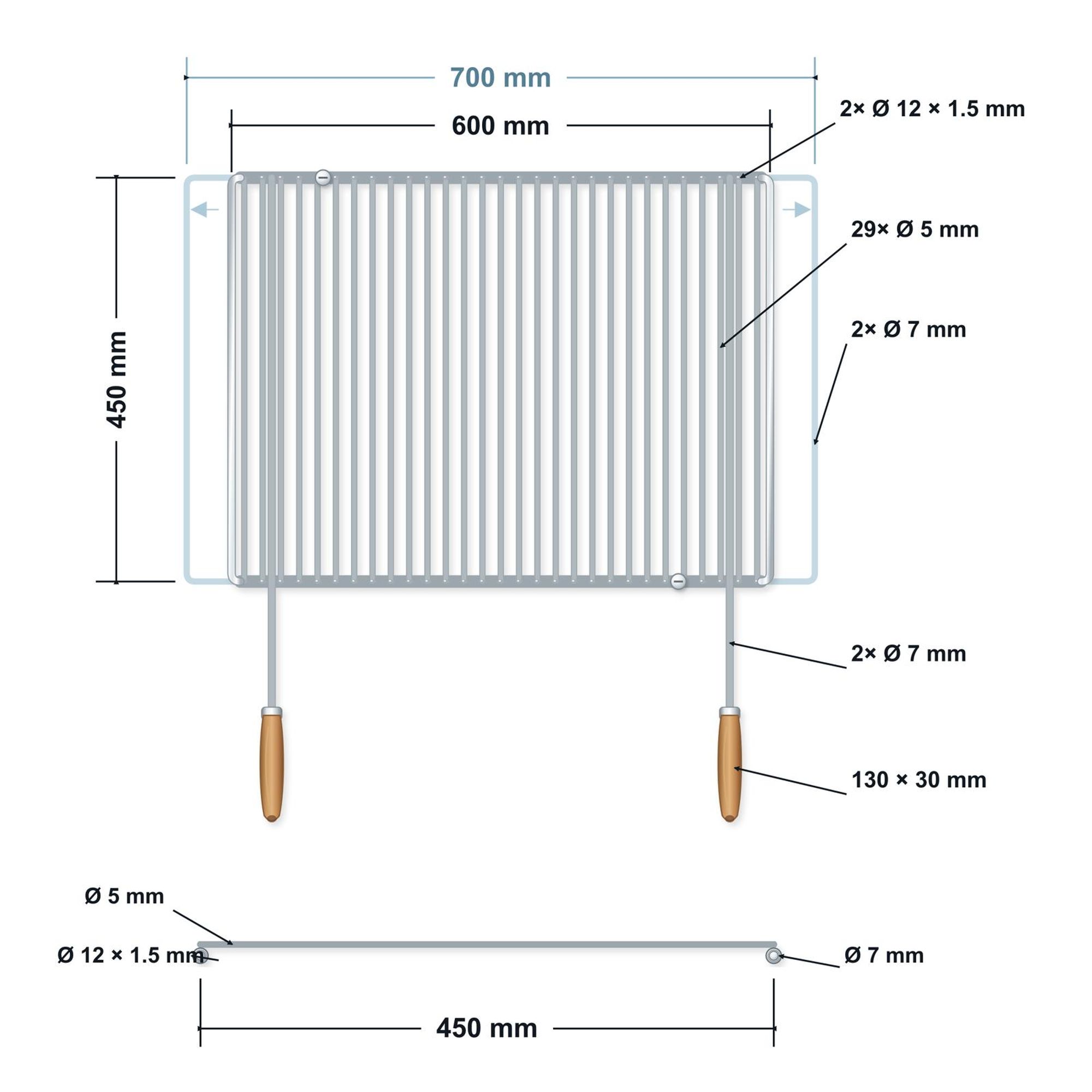 Griglia regolabile in acciaio inox 60–70 × 45 cm con manici in legno – disegno tecnico