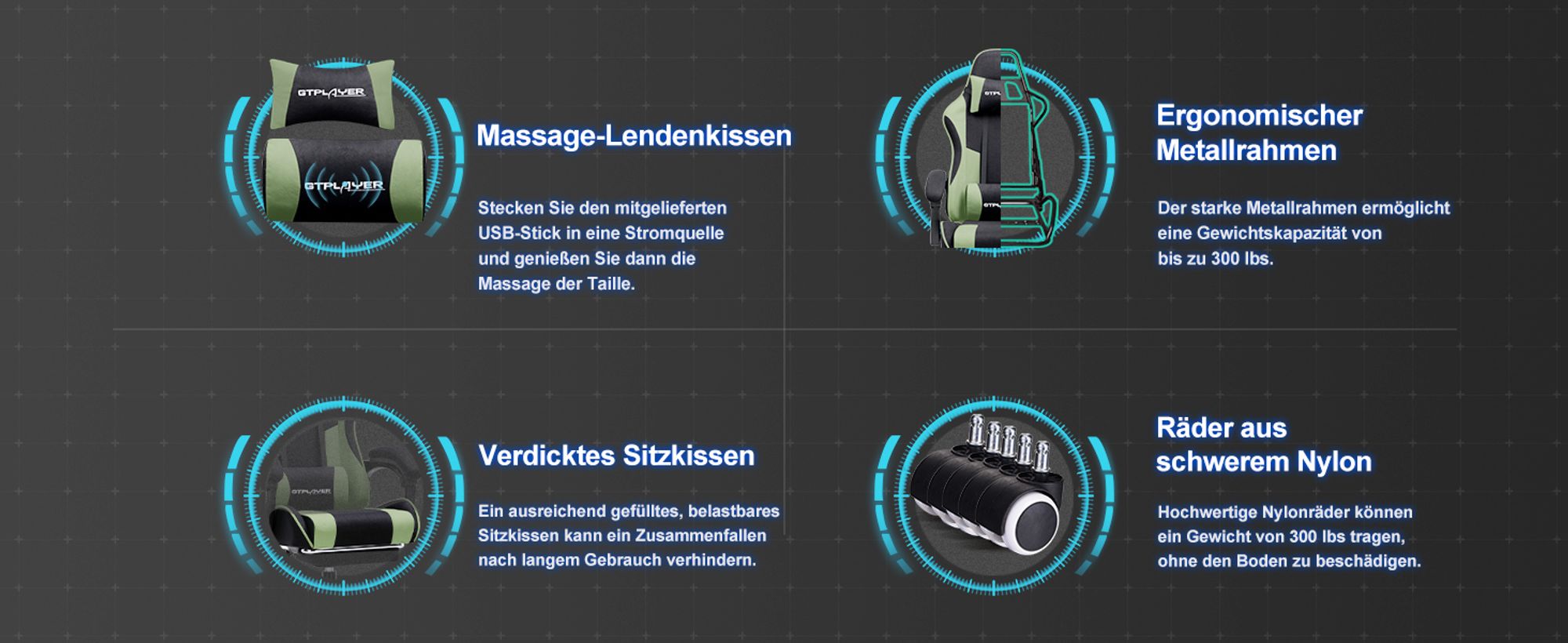 GTPLAYER Bürostuhl Gaming Stuhl Stoff Gaming Sessel Ergonomischer Gamer Stuhl mit Fußstütze, Kopfstütze Lendenkissen, Gepolstert Gaming Chair, grün