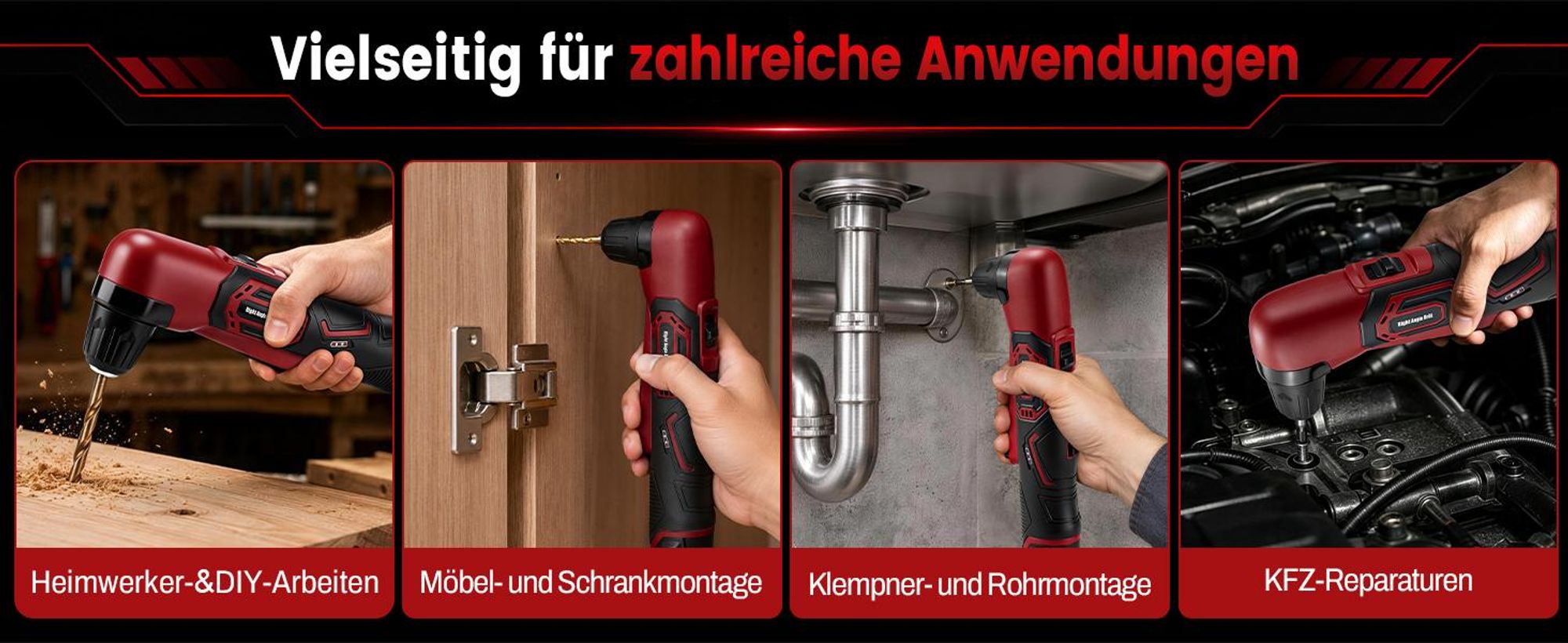 Akku Winkelbohrmaschine Winkelbohrer 12V, 90° Winkelkopf für Enge Bereiche, 18 N·m, 10mm Spannfutter, 2-Gang-Getriebe, LED-Licht, inkl. 13 Bohrbits