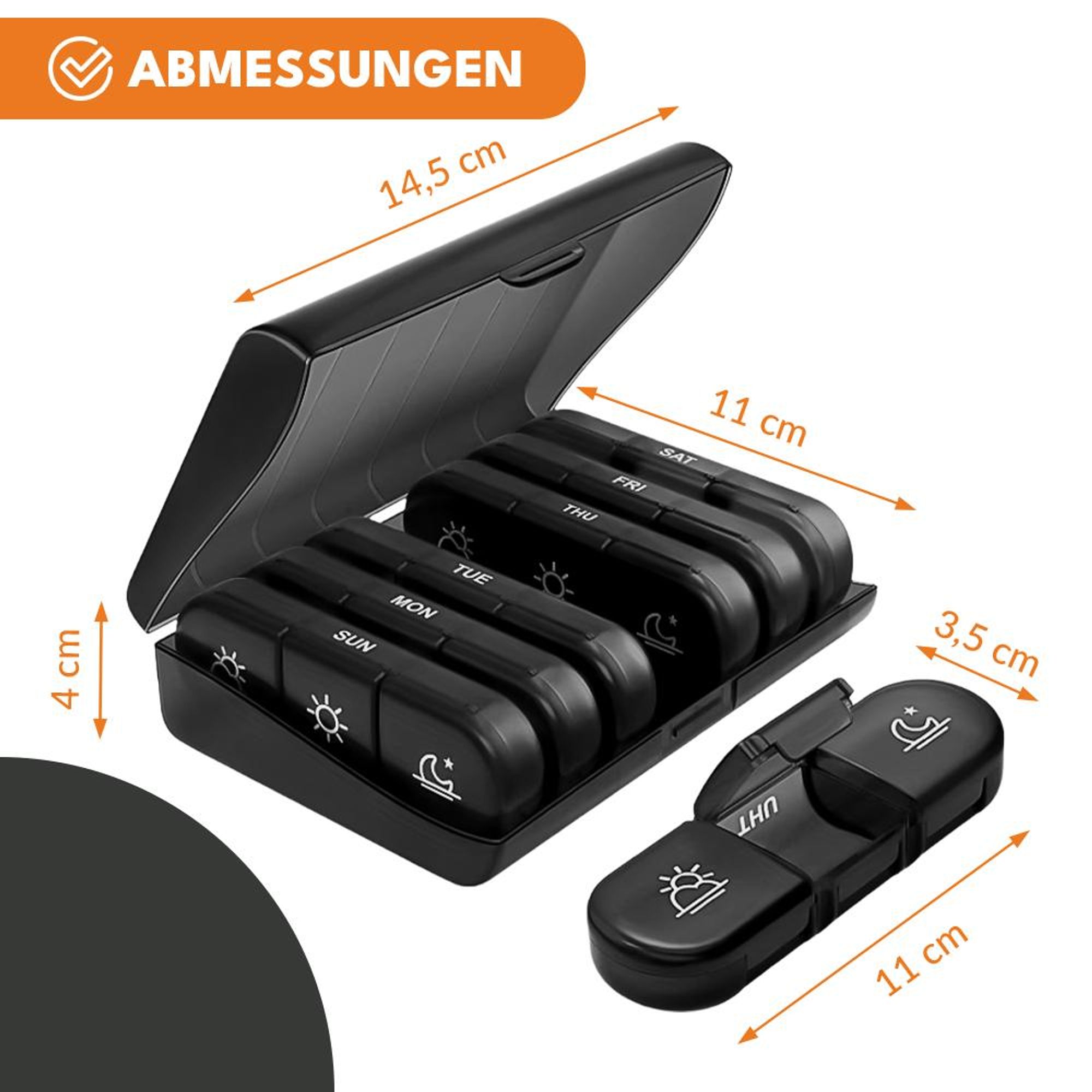 KRUMAD Tablettenbox 7 Tage, Medikamentenbox mit Tagesfächern morgens mittags abends, kompakte Pillendose für Medikamente & Supplements
