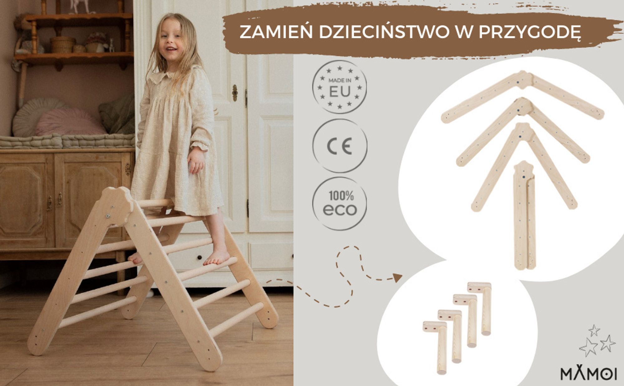 MAMOI® Trójkąt wspinaczkowy dla dzieci | Drewniana drabinka dla dzieci Trójkątna drabinka | Wielofunkcyjny trójkąt wspinaczkowy montessori | Piramida
