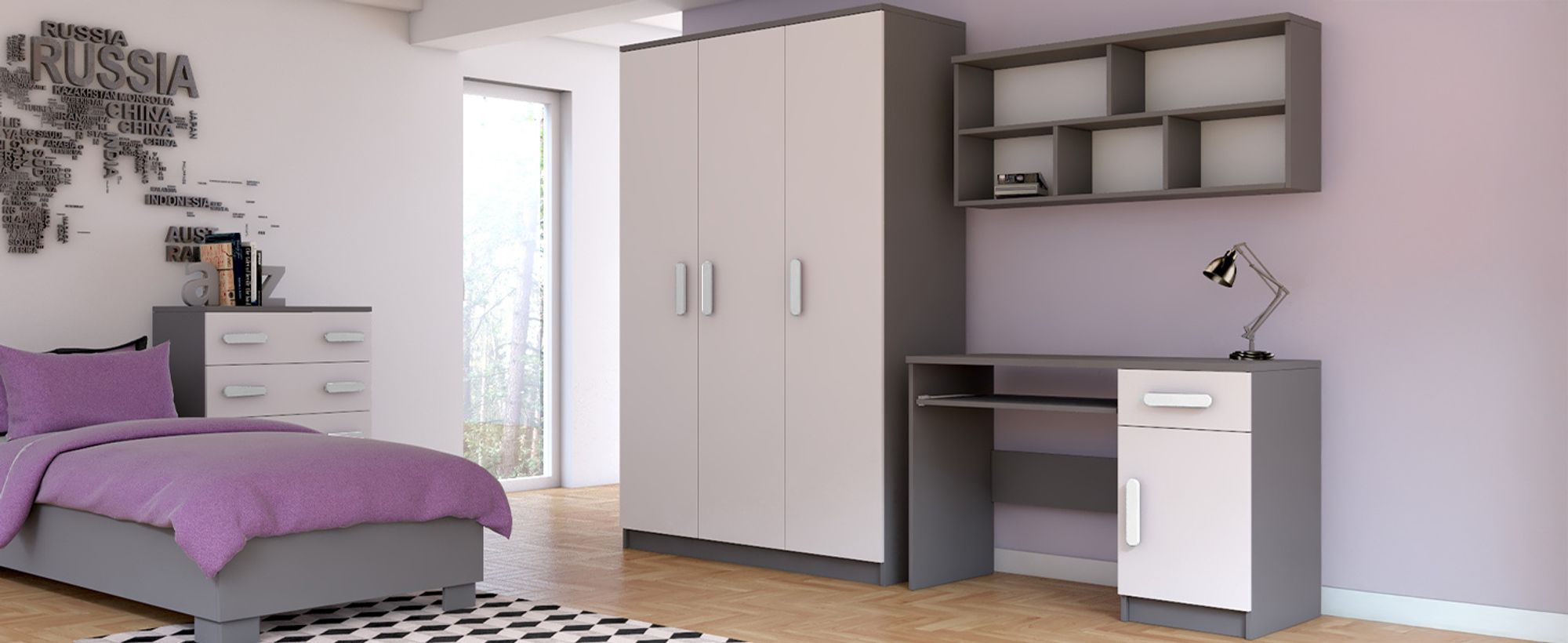 Kinder-Kleiderschrank Drehtürenschrank 120 cm JONAS 19 Grau/Weiß mit Weißen Griffen