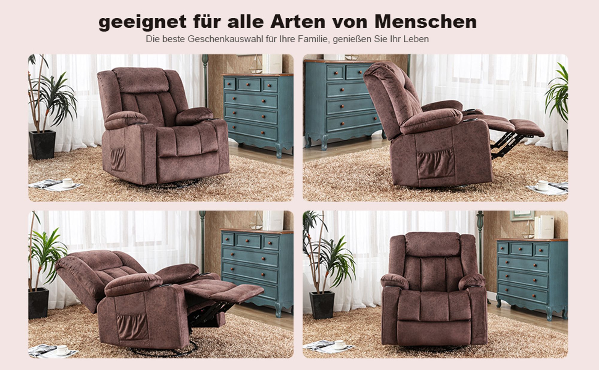 COMHOMA Relaxsessel aus Stoff mit Liegefunktion, Recliner Chair mit Wippfunktion, TV-Sessel belastbar bis 150 kg, 360° drehbar, braun