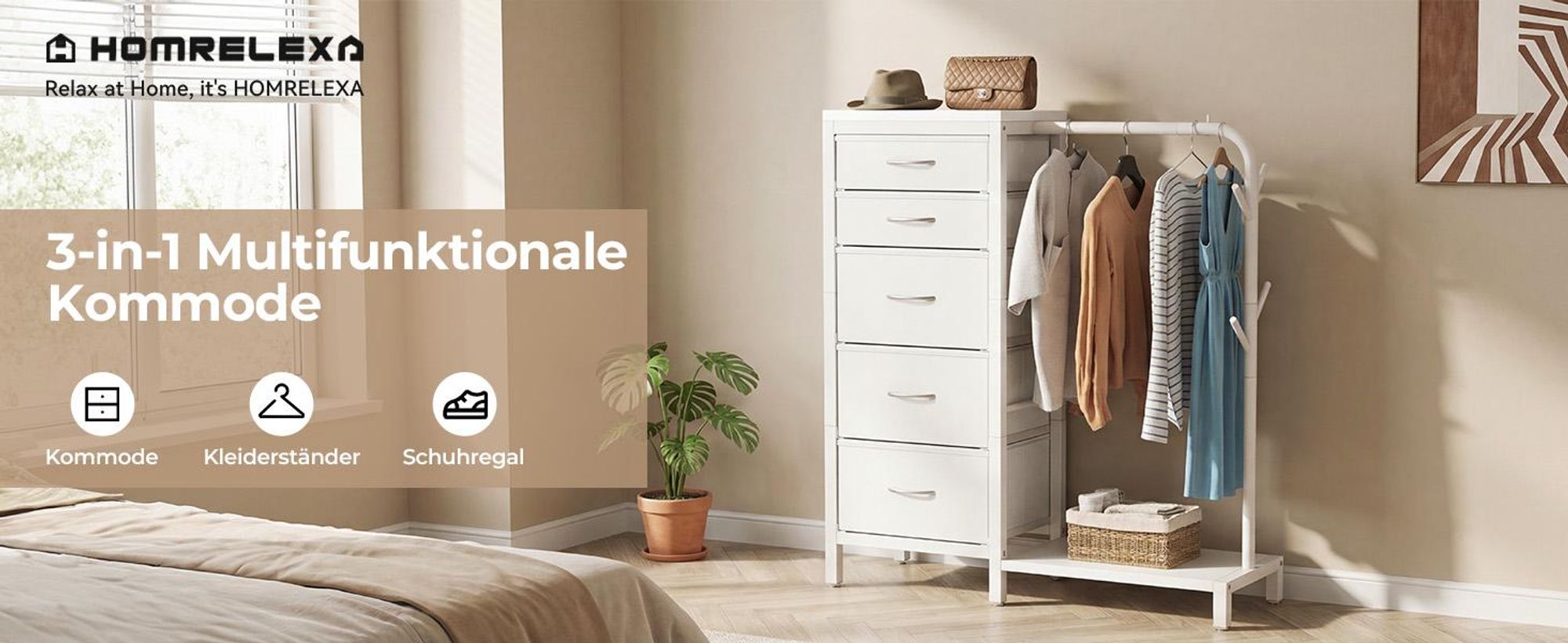 Standgarderobe Garderobenständer Kleiderständer Garderobe mit 5 Stoff Schubladen, Kommodeschrank mit Kleiderstange