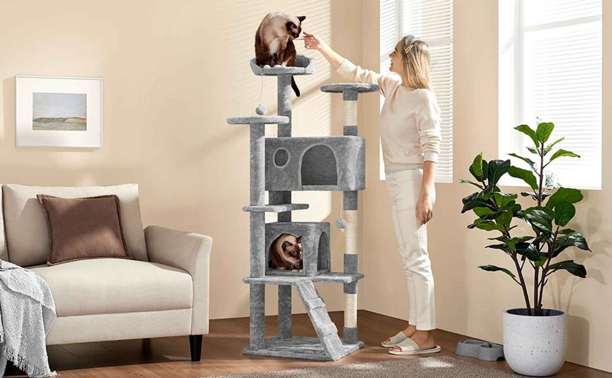 Yaheetech Kratzbaum 158 cm, mit Sisalstämmen, stabiler Katzenkratzbaum, Kletterbaum für Katzen, Hellgrau