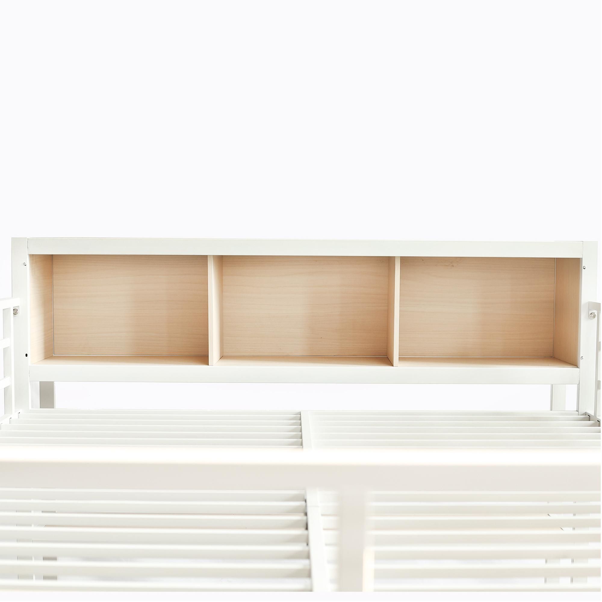 Flieks Etagenbett 140x200cm mit Schreibtisch und Regal, Hochbett mit Kleiderschrank, Kinderbett Jugendbett Metallbett mit Lattenrost, Weiß