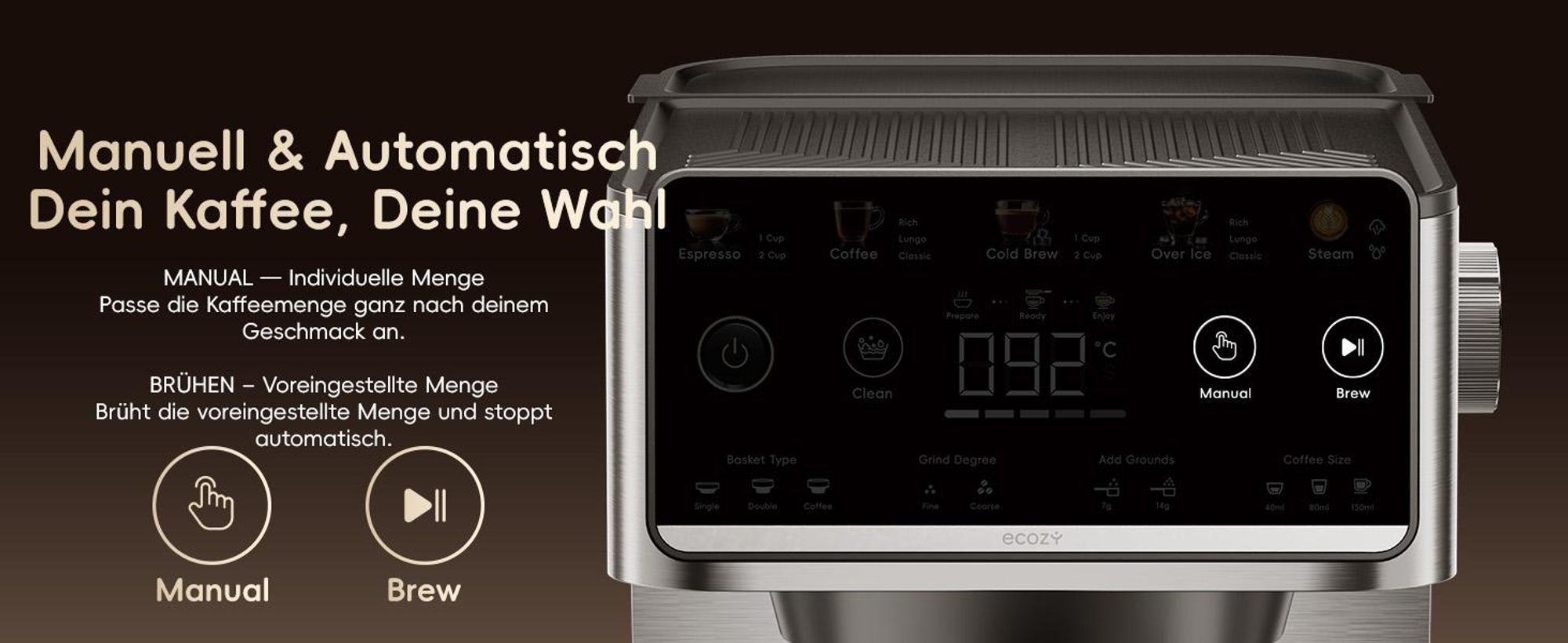 ecozy Espressomaschine mit Milchaufschäumer, 4-in-1 Siebträgermaschine für Espresso, Cold Brew, Over Ice, Kaffee, Latte, Touchscreen, Selbstreinigung