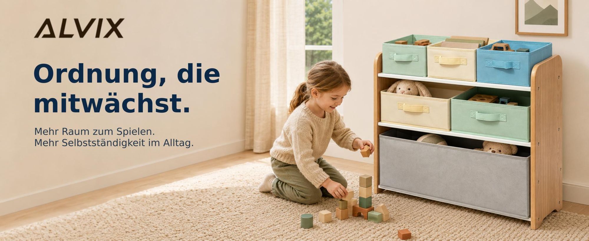ALVIX Spielzeugregal NESTA 6 mit 6 herausnehmbaren Aufbewahrungsboxen, Kinderregal, Spielzeugaufbewahrung aus MDF, Ordnungsregal für Kinderzimmer