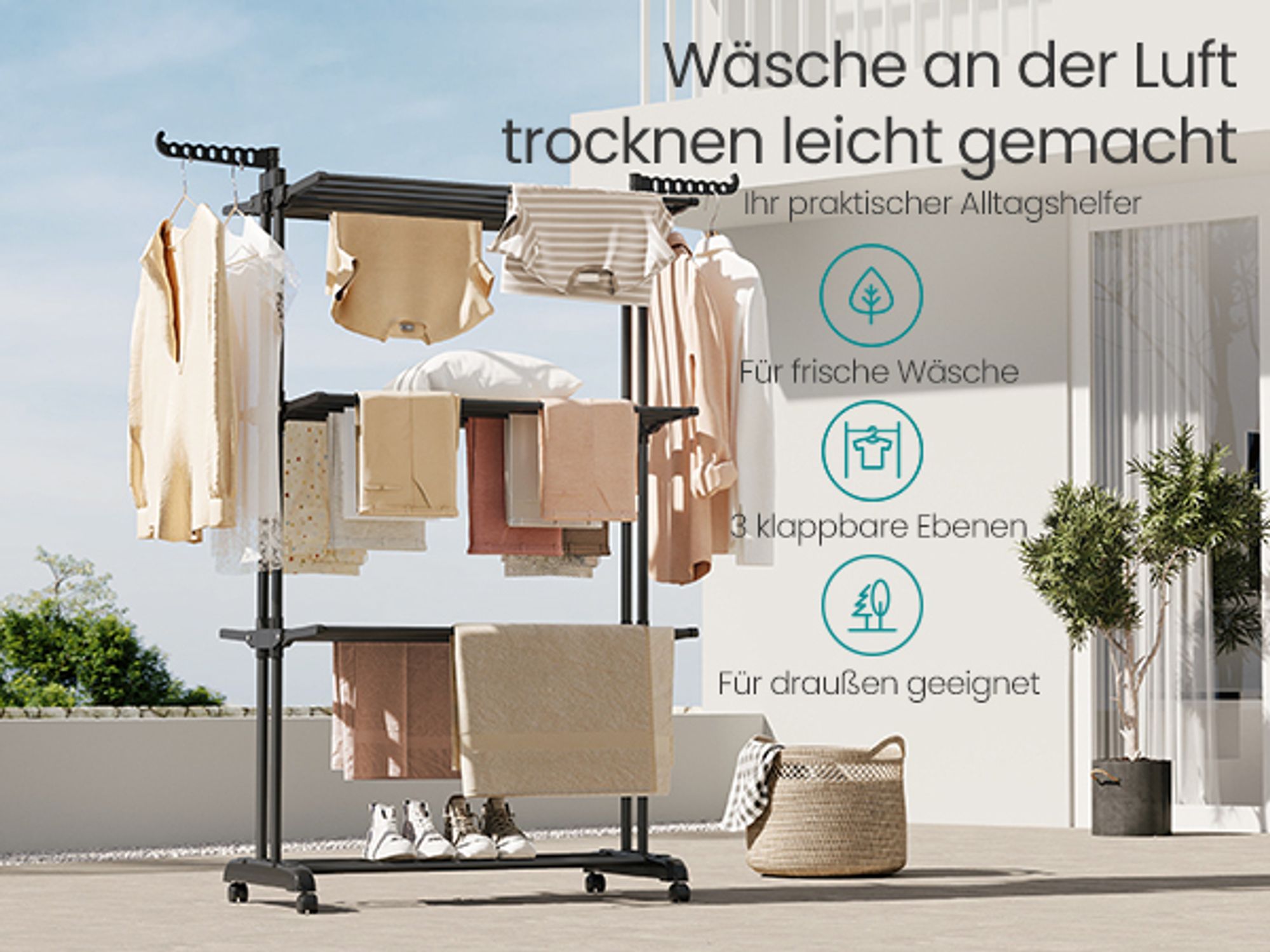 SONGMICS Wäscheständer, Standtrockner 4 Ebenen, mit Rollen, 63,5 x 128 x 173 cm, Tintenschwarz