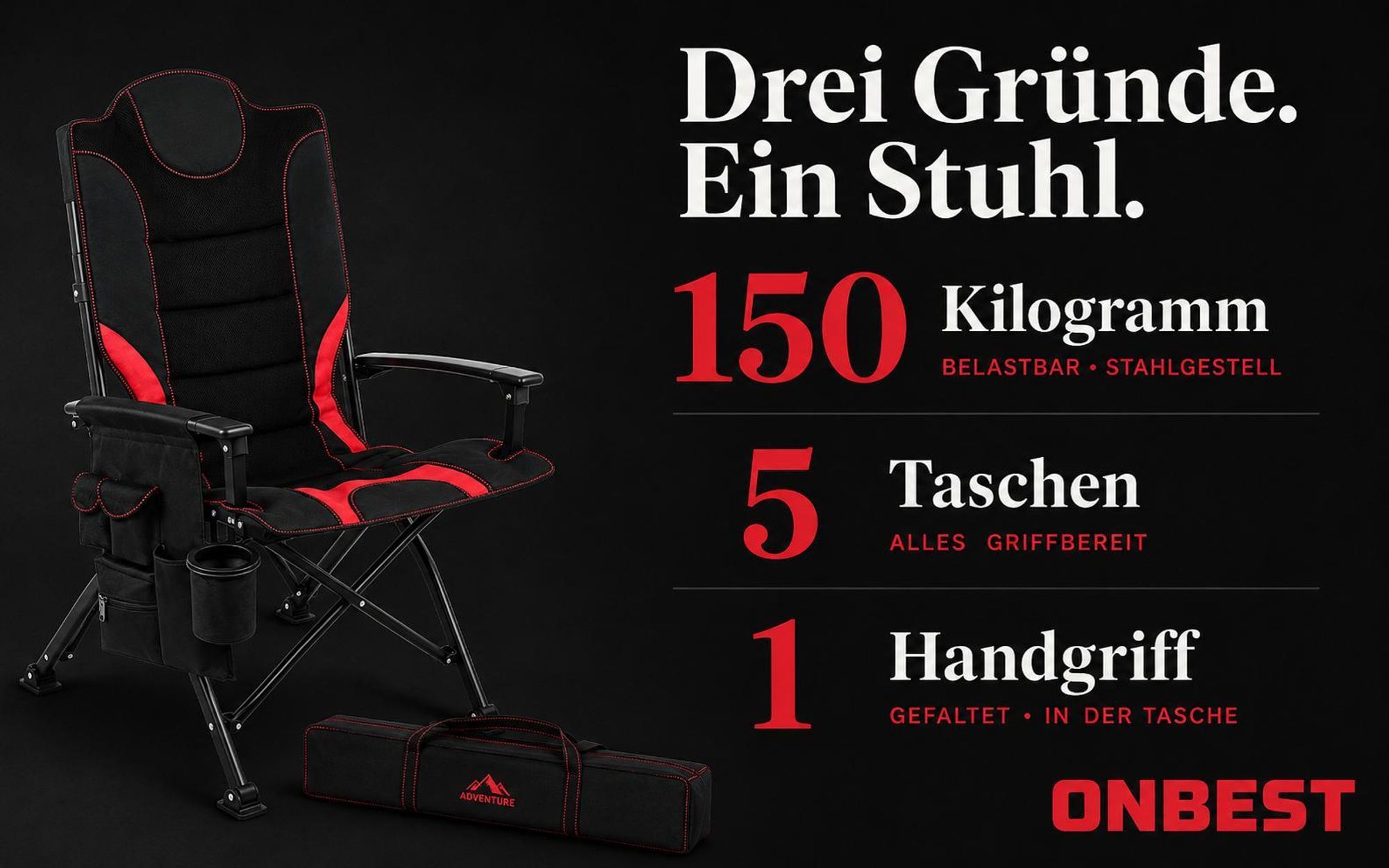 ONBEST Campingstuhl | faltbar | 150 kg | inklusive Tragetasche | Rückentasche | Stahlgestell | Wasserabweisend
