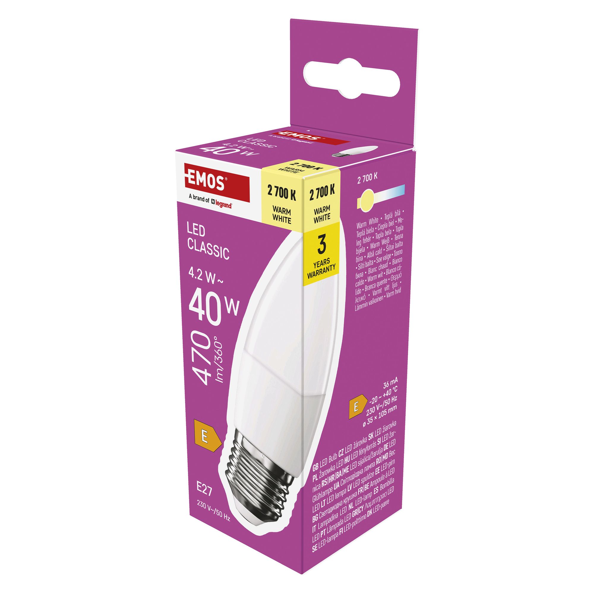 EMOS LED svíčka, 4,2W náhrada za 40W žárovku, svíčka s paticí E27, jas 470 lm, teplá bílá 2700 K, životnost 30000 h, ZQ4E21