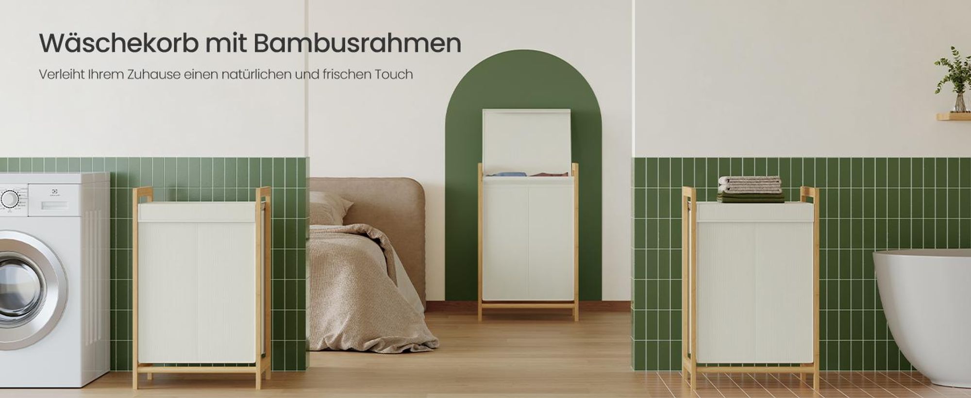 SONGMICS Wäschesammler mit Deckel, 2 Fächer Wäschekorb mit Bambusrahmen, Wäschesack abnehmbar, 100 L