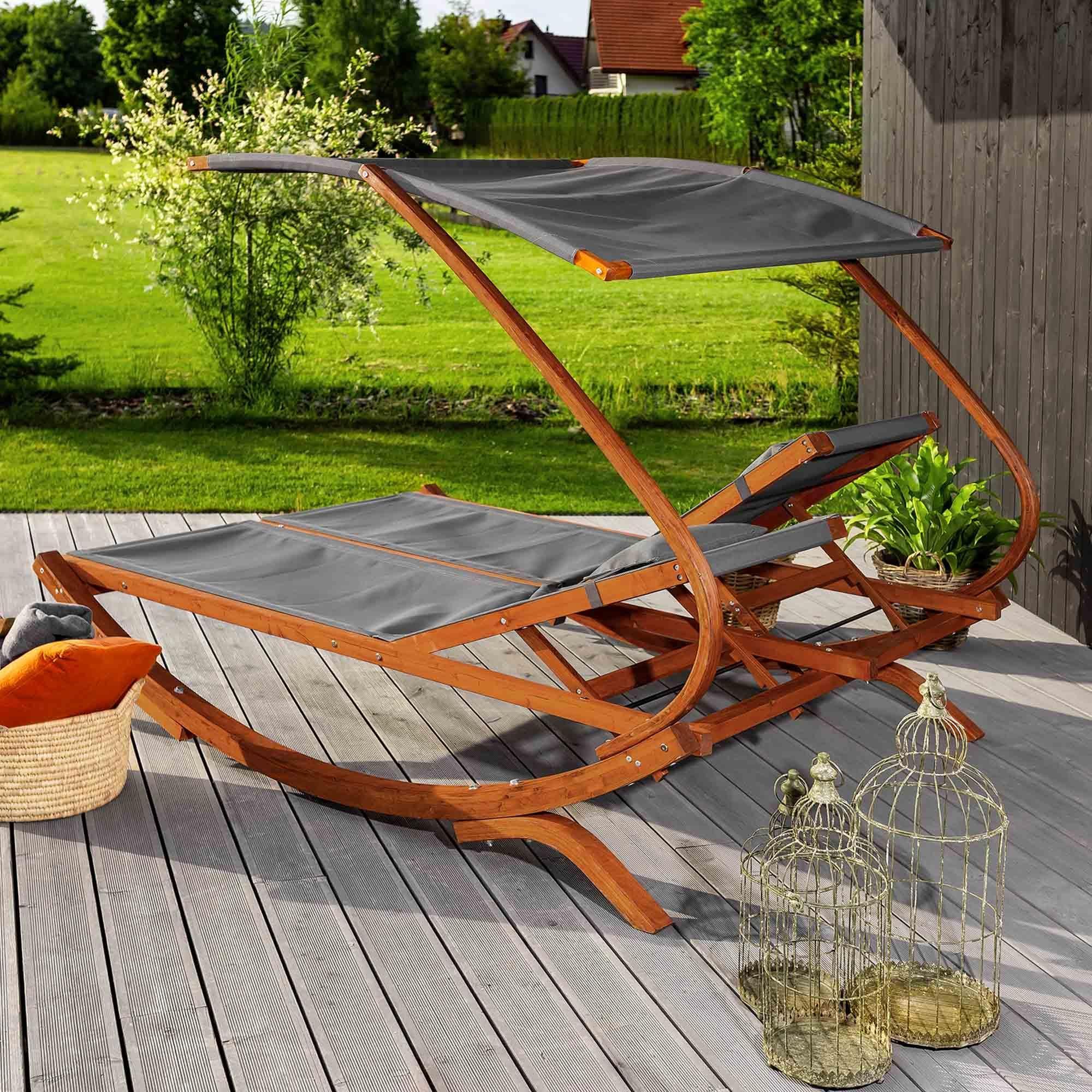 di volio Sonnenliege mit Dach Pionza - grau, Doppelliege mit verstellbarer Rückenlehne, Gartenliege aus Holz für 2 Personen - wetterfest & bequem