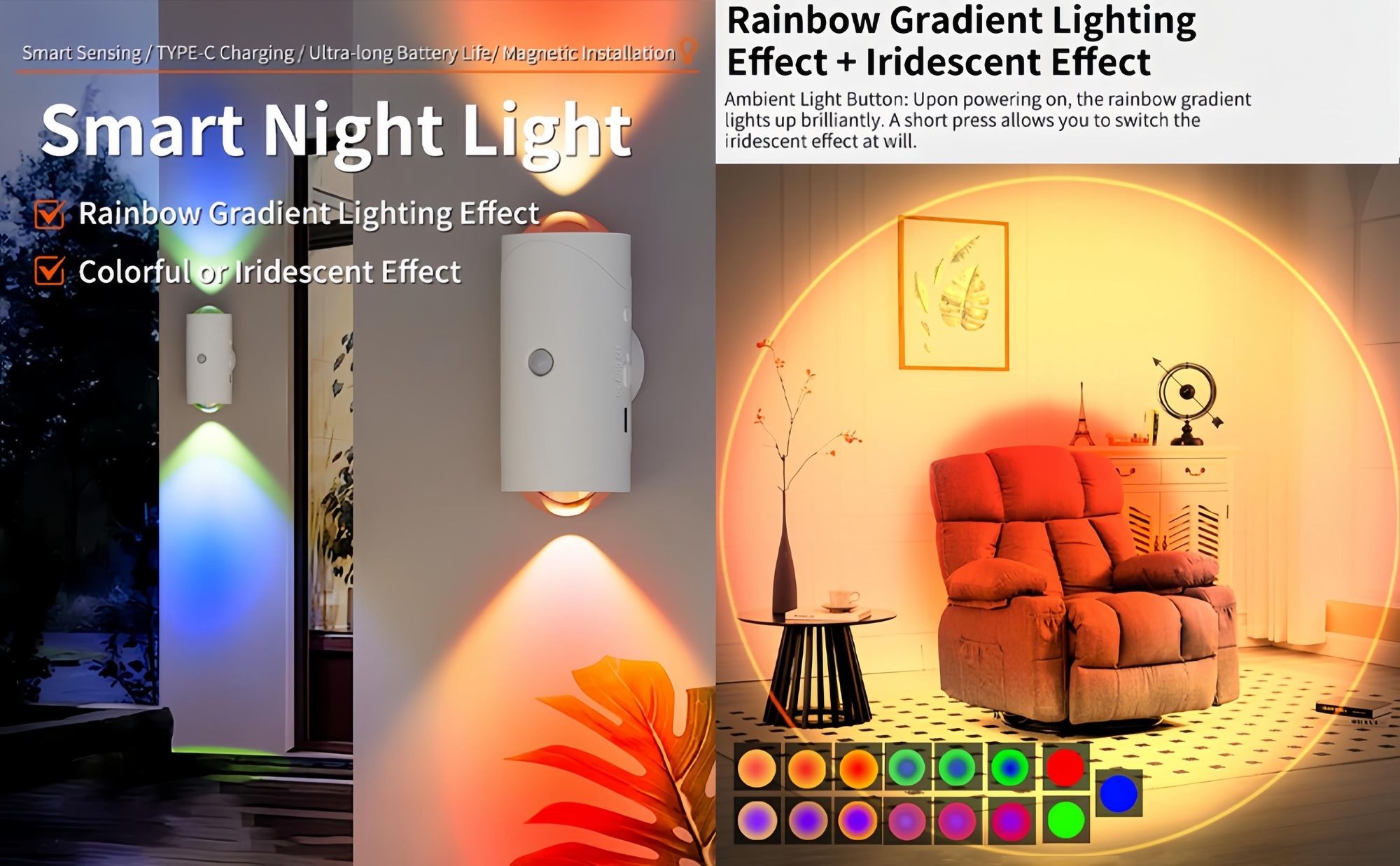 2x RGB Wandleuchte mit Bewegungsmelder & Farbverlauf,kabellos,7 Farbwechsel,USB-C,Magnethalterung -Für Wohnzimmer,Flur,Zimmer,Nachtlicht &Schranklicht