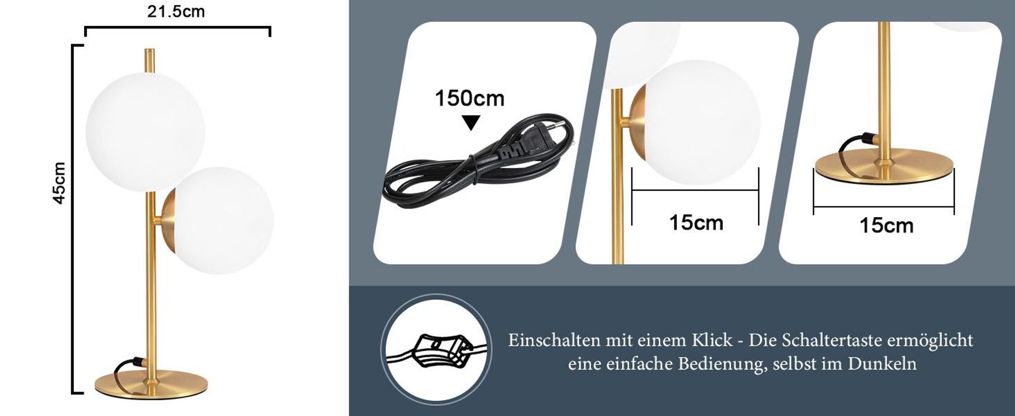 ZMH Lampada comodino Oro 2 luci Lampada da tavolo metallo con interruttore sfera vetro bianco attacco E27 per soggiorno camera camera bambini