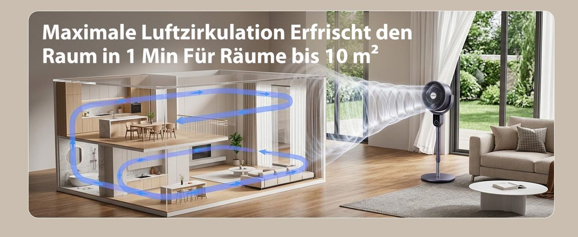 Aigostar 2-in-1 Luftumwälzer Standventilator, DC-Motor, 3D-Oszillation, 8 Stufen, leise 23dB, 12H-Timer, Fernbedienung, höhenverstellbar 80-105cm