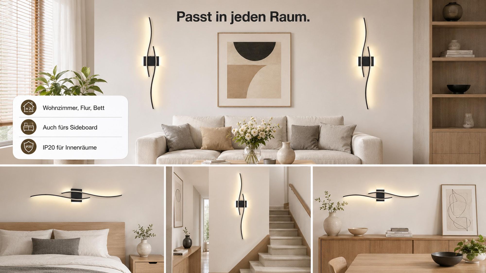 Akku Wandleuchte Innen 100cm 1Stk, Kabellos Wandlampe Schwarz mit Fernbedienung & Schalter 10000mAh Dual-Seitenlicht Flur Treppenhaus Schlafzimmer