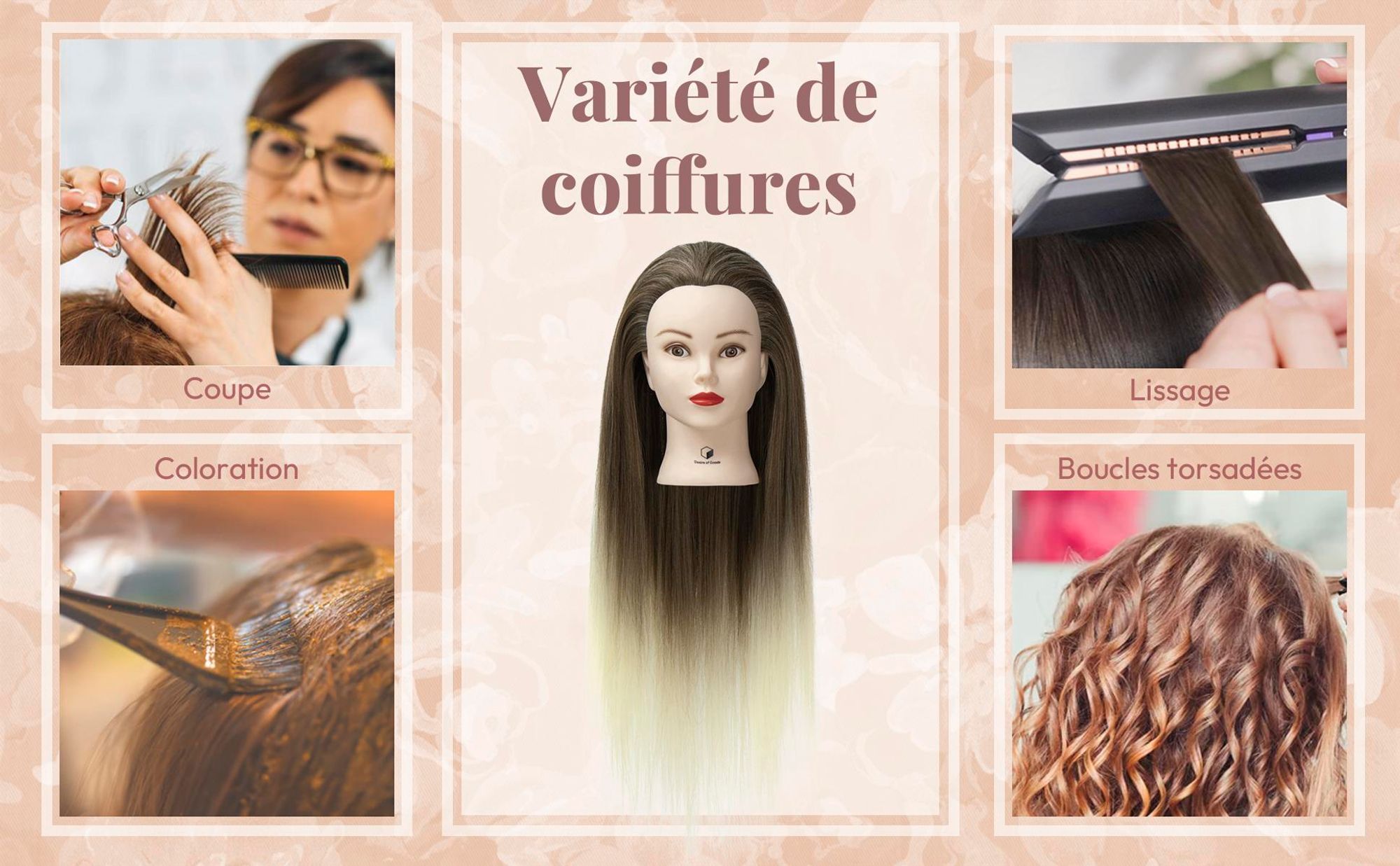 Desire of Goods Tête d'entraînement pour coiffure – Ombre – Avec accessoires de coiffage et pince de table – 70 cm