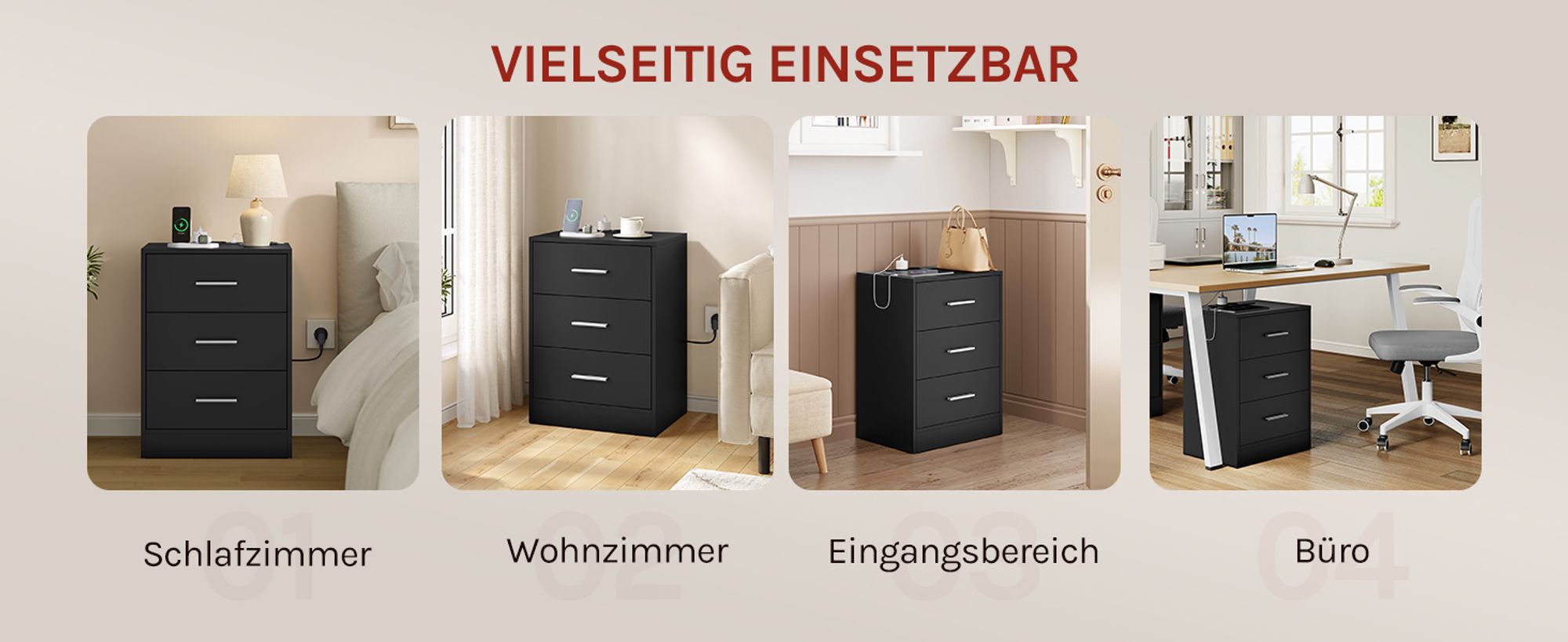 WOLTU Nachttisch, Beistelltisch mit Ladefunktion, Steckdose, 3 Schubladen, Modern, Schwarz