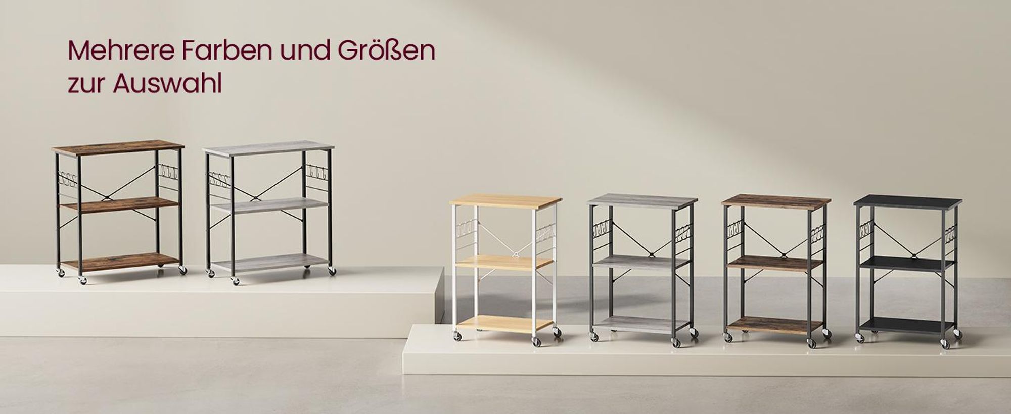 VASAGLE Küchenwagen mit 3 Ebenen, 6 Haken, 40 x 80 x 89 cm, Vintagebraun