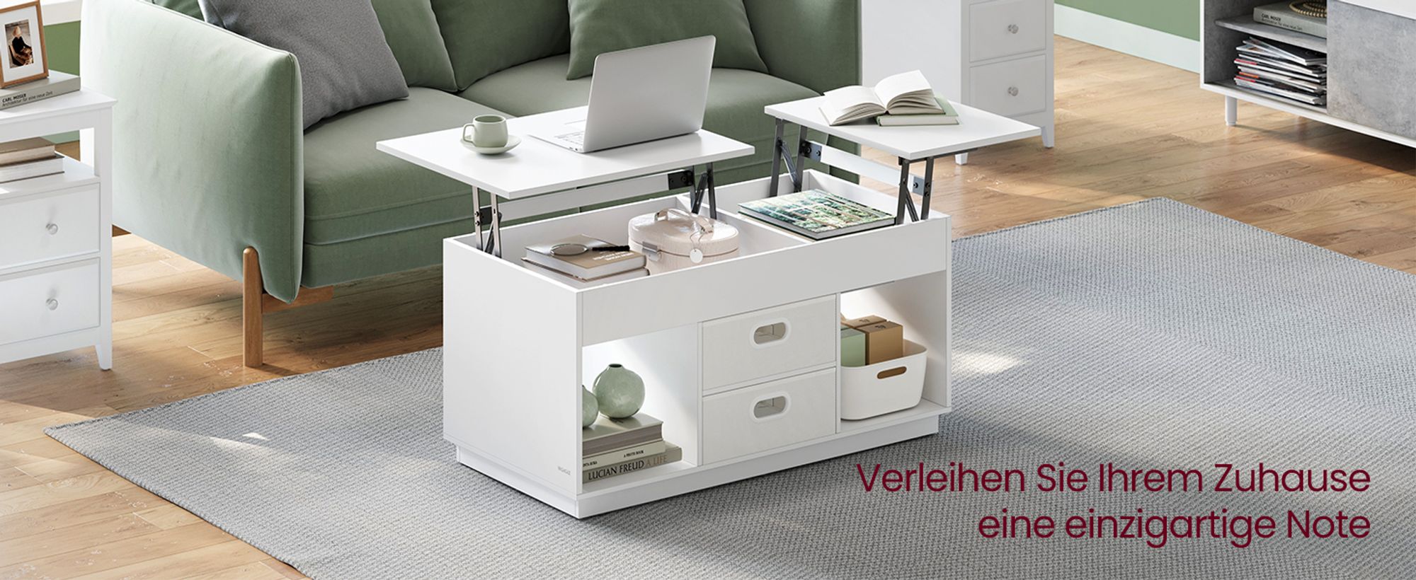VASAGLE Couchtisch, höhenverstellbarer Wohnzimmertisch, 2 Schubladen und versteckte Fächer, Kaffeetisch, offene Fächer, für Wohnzimmer, Homeoffice