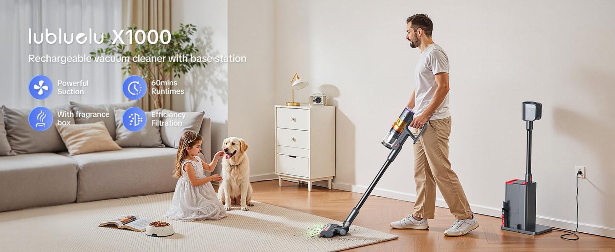 Lubluelu Akku-Staubsauger X1000, 46.000 Pa Saugkraft, Automatische Staubaufnahme, 60 Min Laufzeit, 6-fach Filtersystem mit Duftbox, Anti-Haar-Verwickl