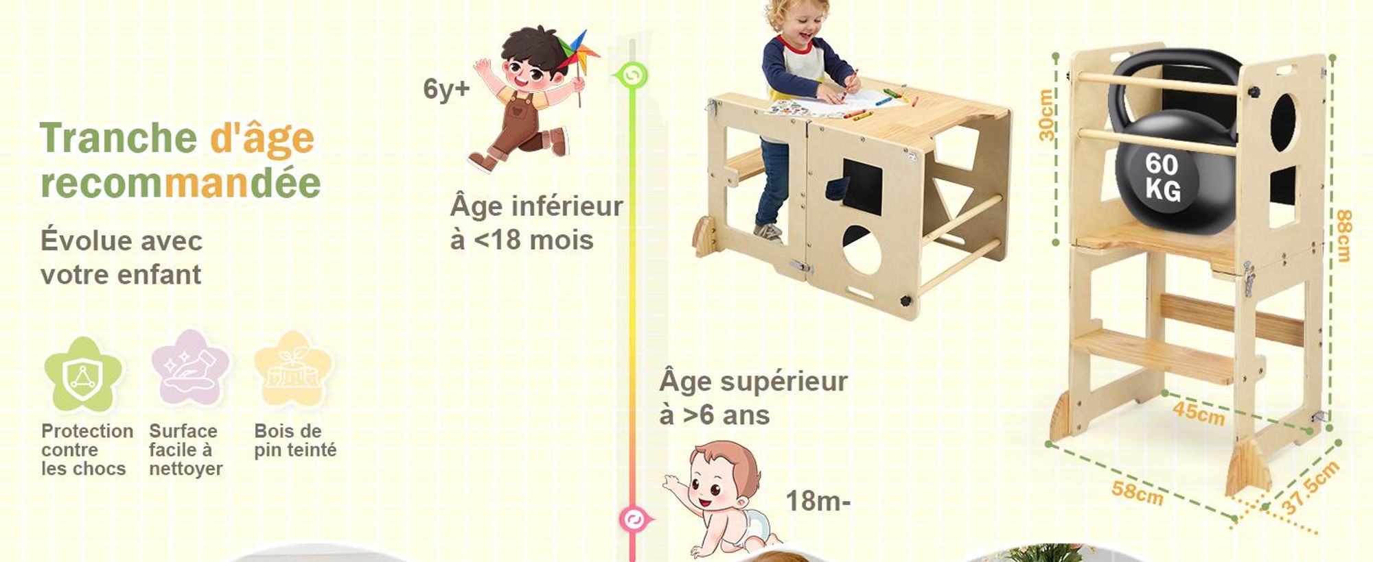 FCH Lernturm Für Kinder, Montessori Lernturm,  45 × 35 × 88cm, Fichtenholz + Mehrschichtplatte, Holzfarbe