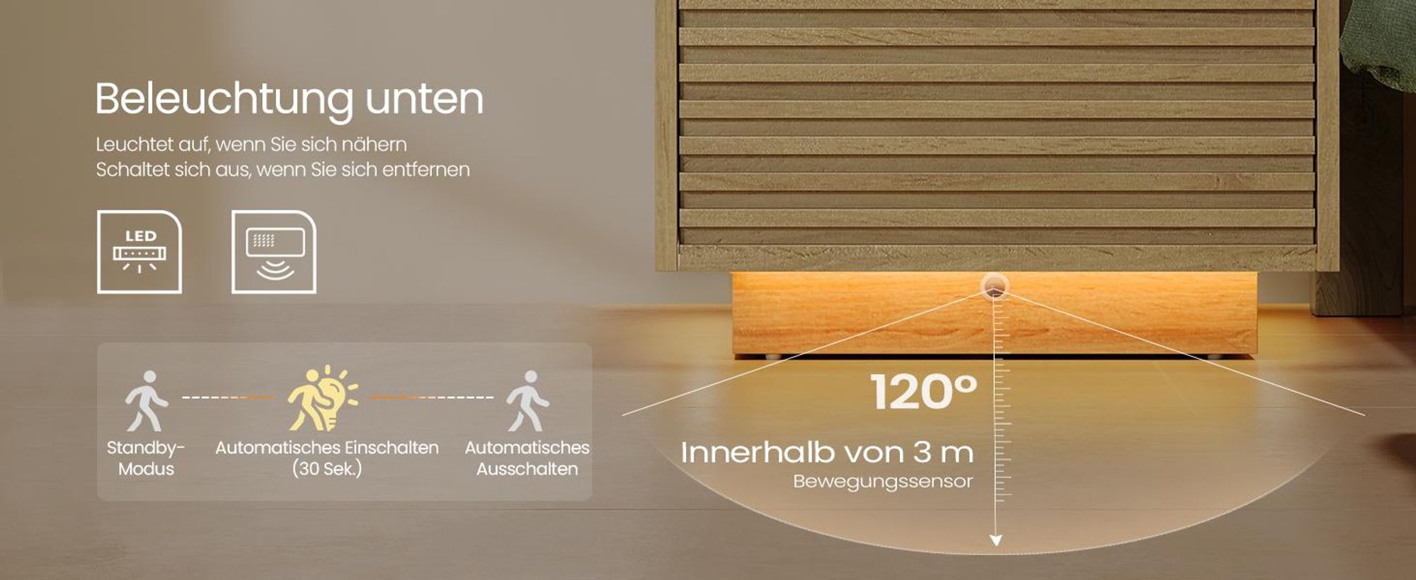 VASAGLE Nachttisch mit LED-Beleuchtung, obere Beleuchtung in 3 Farben einstellbar, untere mit Bewegungssensor