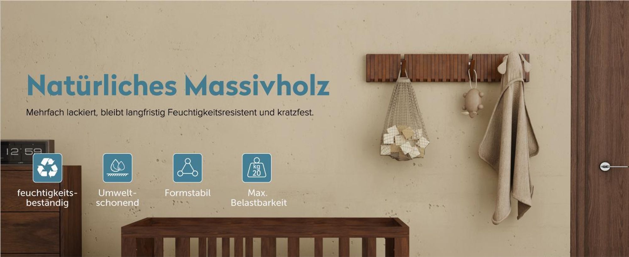 doporro Garderobenhaken Kleiderhaken Wand mit 7 Haken für Jacken, Garderobenleiste für Flur und Garderobe Wandgarderobe aus Holz, Matt Schwarz Twigro-01