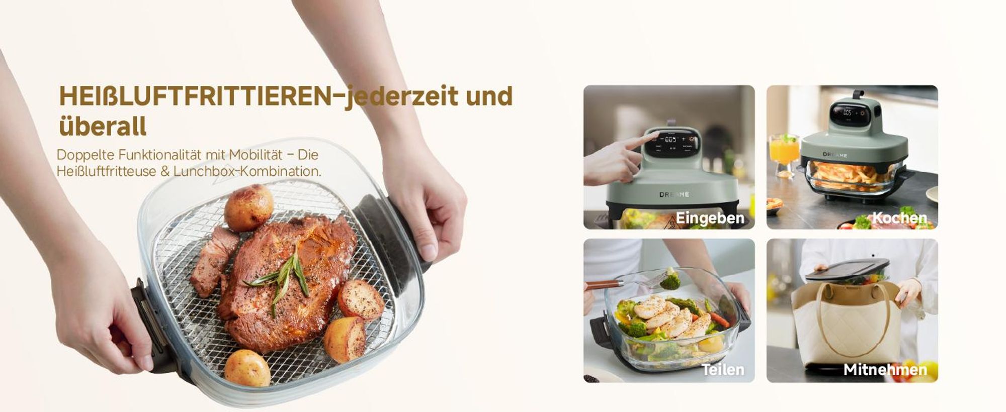 Dreame Tasti AirFryer 5-in-1 Heißluftfritteuse,6mm starkes,tragbares Borosilikatglas,3D-Heißluftzirkulation,spülmaschinenfest,360°Sicht,2.5l+4.5l,Grün