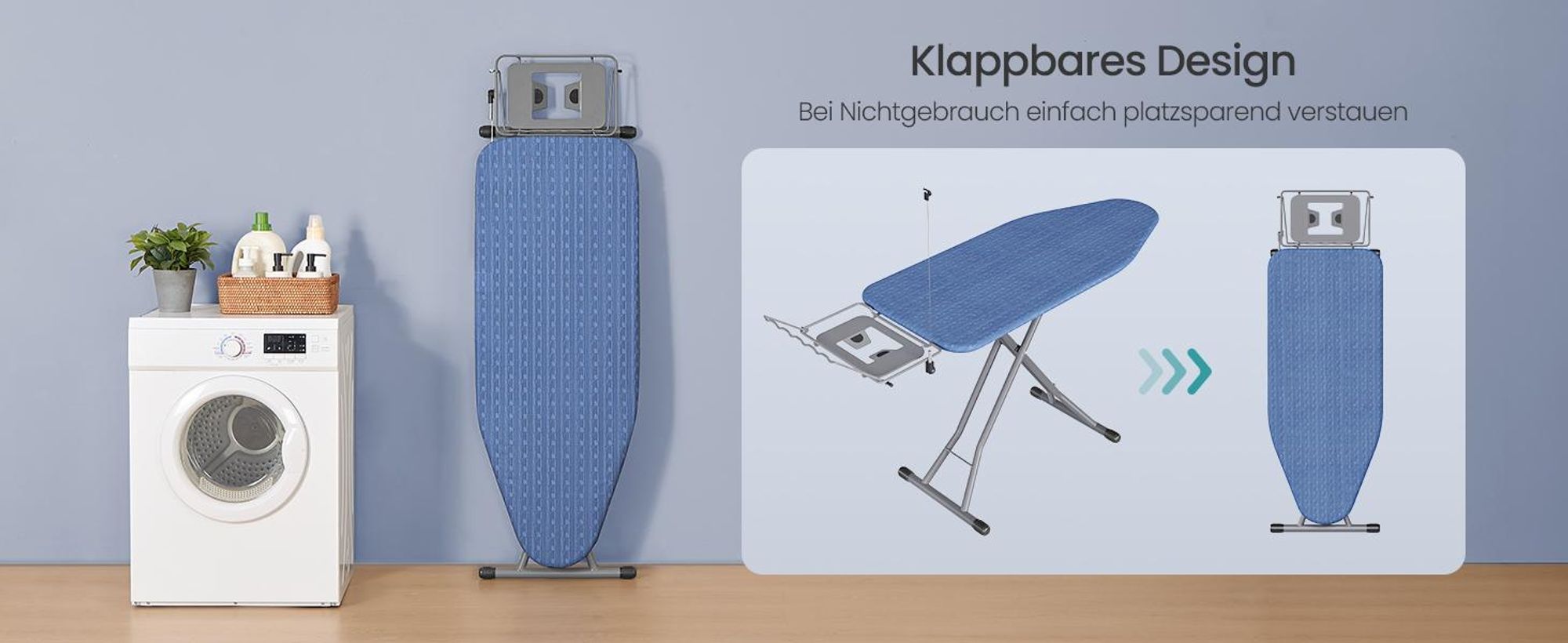 SONGMICS Bügeltisch klappbar, höhenverstellbar mit Kabelhalter, Bügelbrett für Dampfbügelstation, blau-schwarz