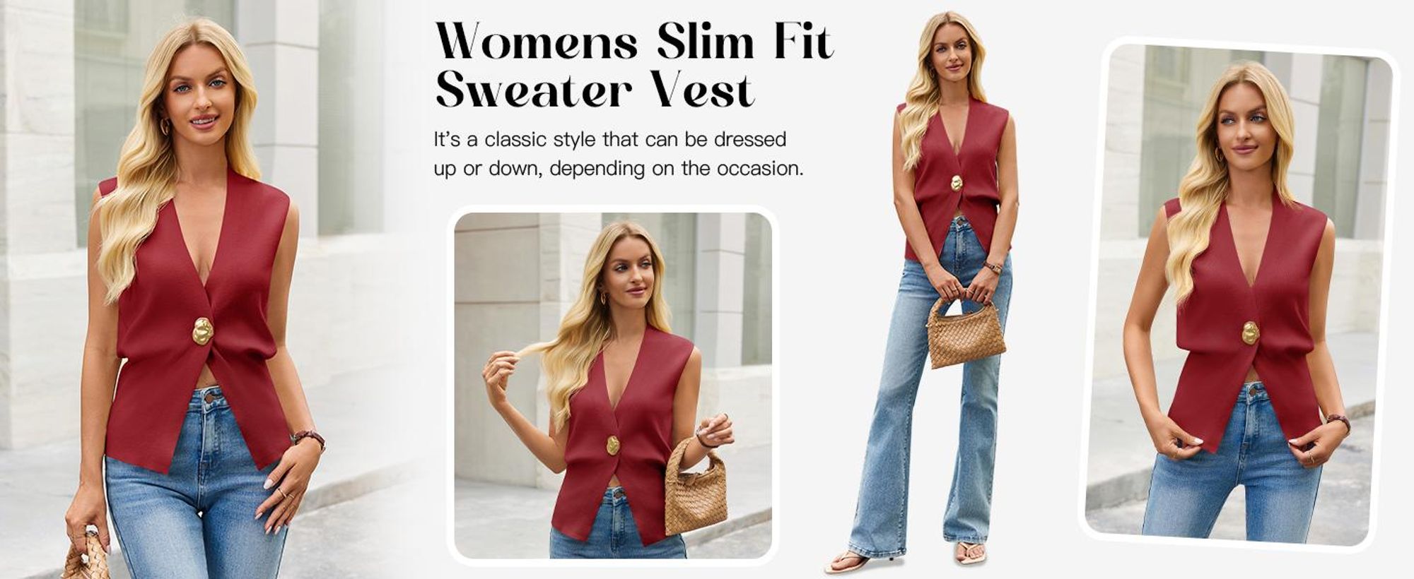 Strickweste für Damen, V-Ausschnitt, schmale Passform, mit Knopfleiste.