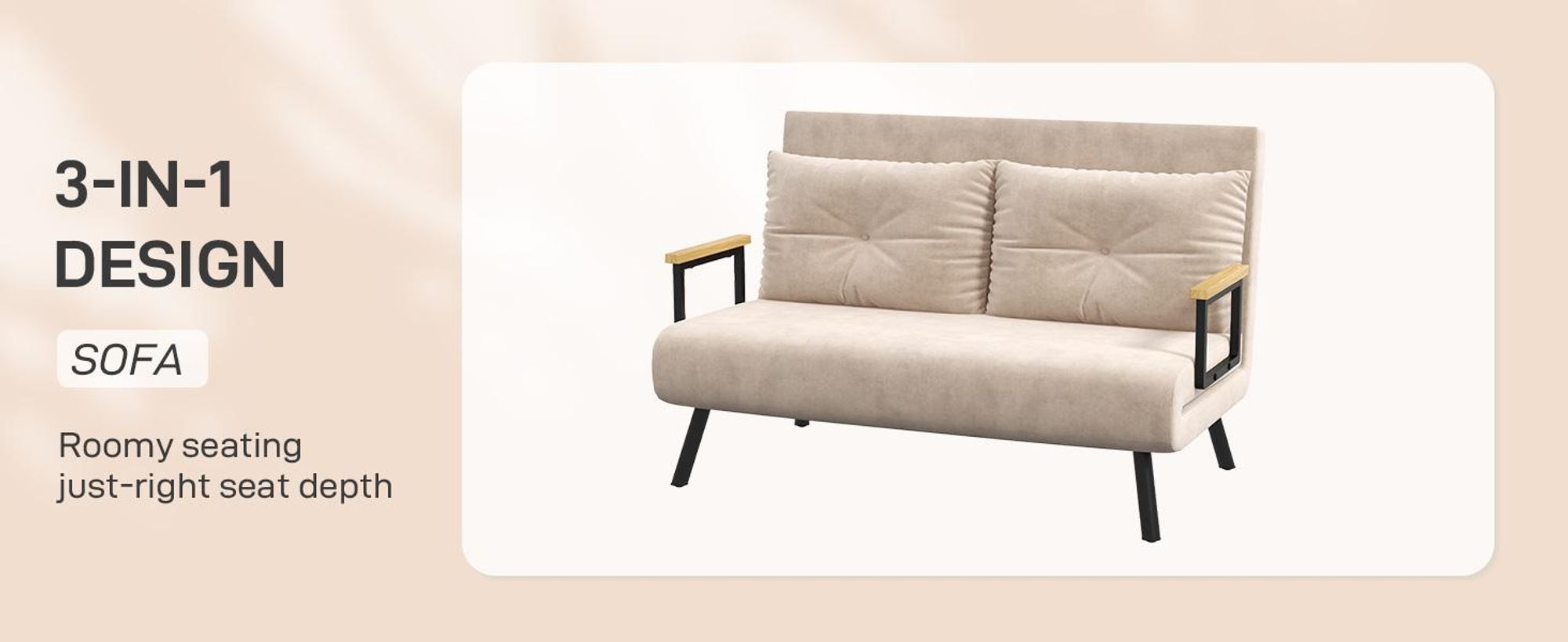 Sofa rozkładana HOMCOM 4 w 1, 2-osobowa sofa z funkcją spania, 183 x 98,5 cm, rozkładana sofa z 5-poziomową regulacją oparcia, poduszką lędźwiową i aksamitnym wykończeniem do salonu, beżowa