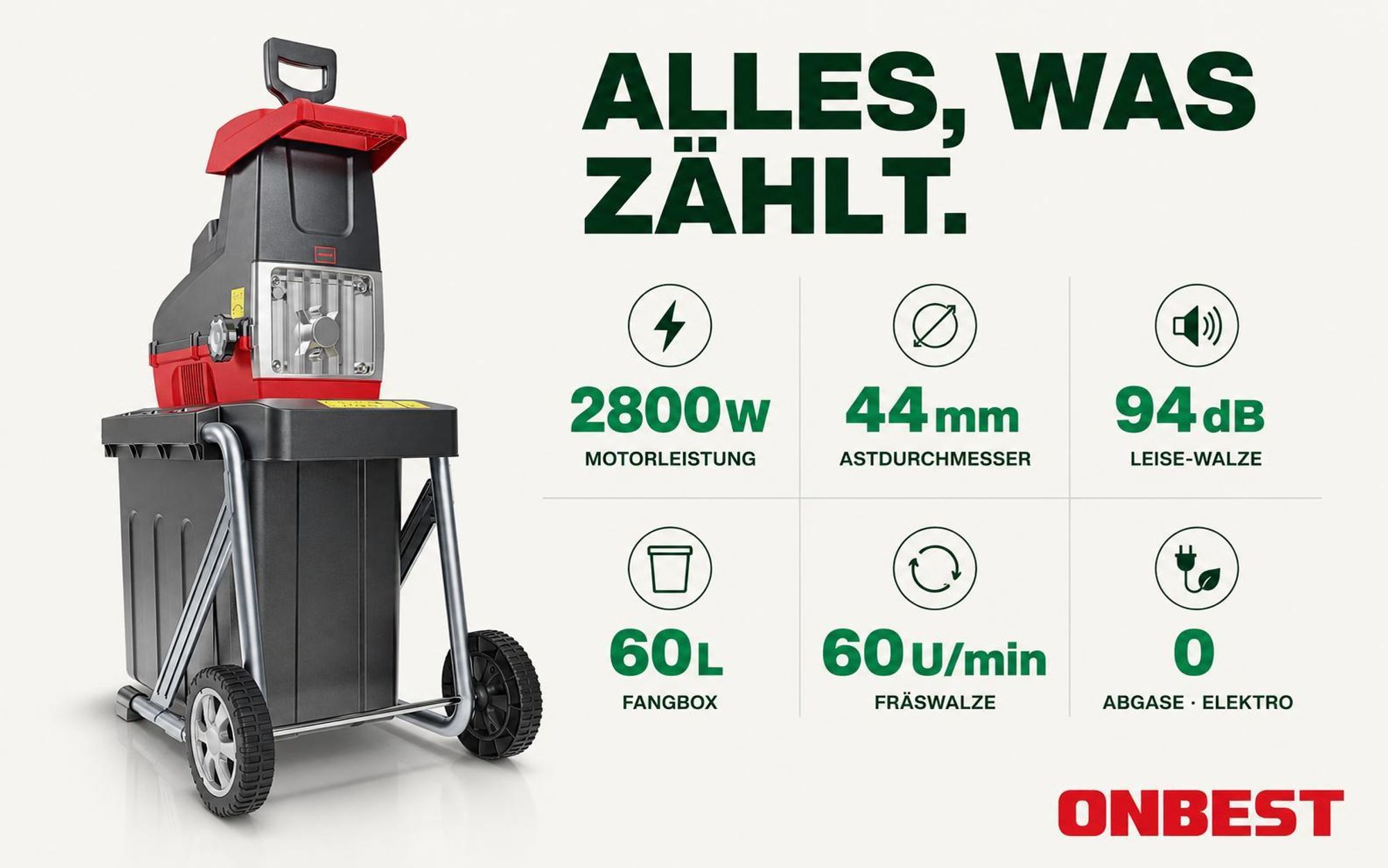 ONBEST Gartenhäcksler Elektro | 2800W mit Stopfer | bis 4,4 cm | 60L Fangbox | Rücklauf & Selbsteinzug