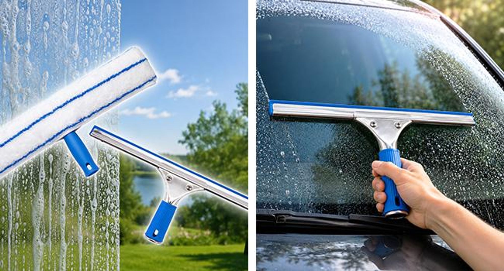 KRUMAD Fensterreiniger Set 2in1, Fensterputzer, Fensterwischer mit Mikrofaser und Abzieher, Glasreiniger Set mit Edelstahlprofil, für Fenster, Spiegel
