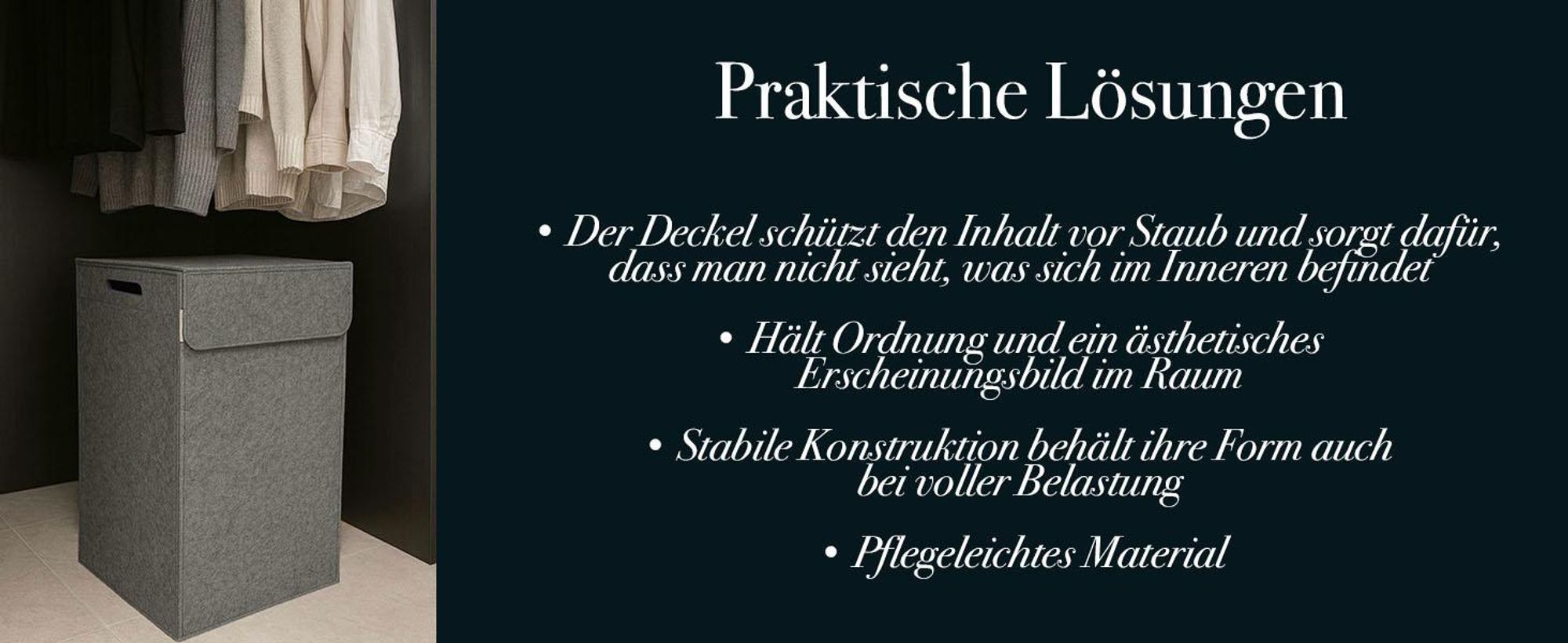 Wäschekorb aus Filz mit Deckel – faltbarer Filzkorb, kalandriert gegen Feuchtigkeit, stabiler Aufbewahrungskorb, Grau/Anthrazit, hergestellt in der EU