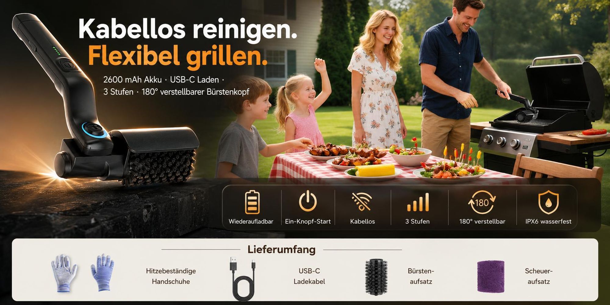 Elektrische Grillbürste kabellos Profi-Set, 2600mAh Akku, 3 Stufen, 180° verstellbarer Bürstenkopf, Edelstahl, USB-C BBQ Reiniger