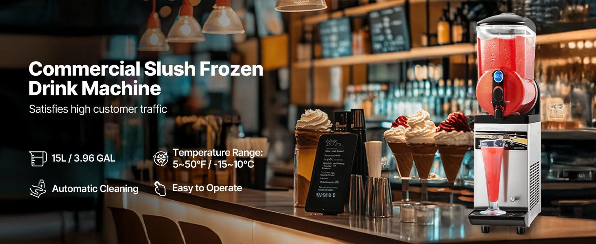 VEVOR Gewerblicher Gefrorener Getränkemacher, 15Lx3 Dreifachtank Slushy Maschine, 180 Tassen Edelstahl Margarita Smoothie Gefrorener Getränkemacher, Slushie Maker für Hauspartys Restaurants Cafés Bars, Einzelzylinder, 1x15 L