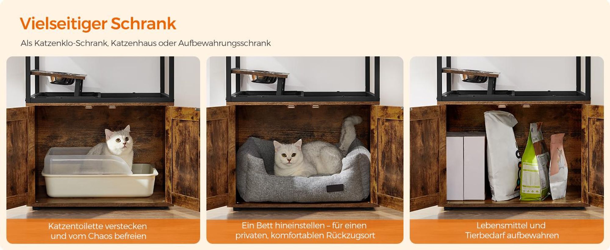 Feandrea Kratzbaum, mit Katzenklo-Schrank, erhöhter Napfständer, waschbare Kissen Vintagebraun