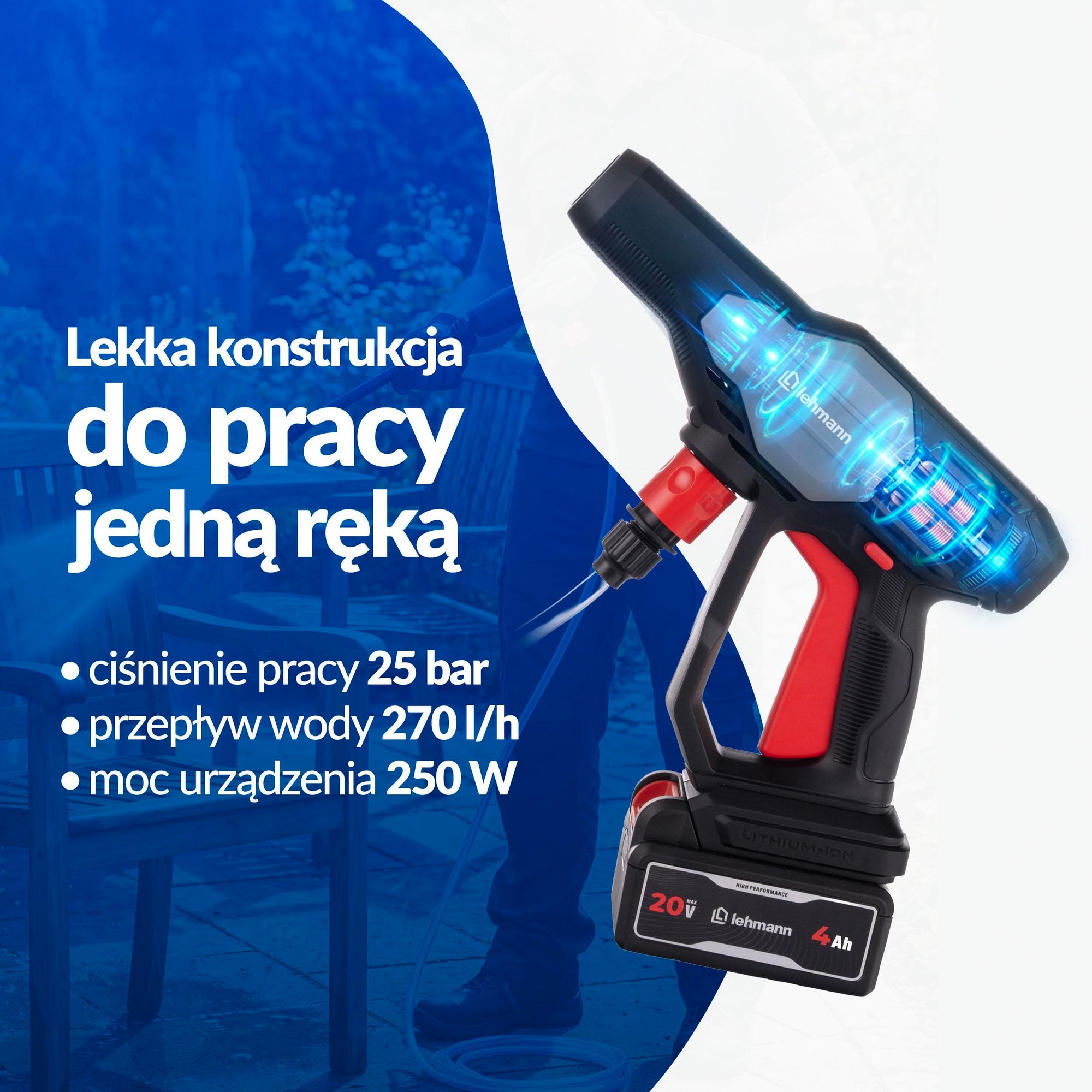 Myjka ciśnieniowa akumulatorowa bezprzewodowa LEHMANN STREAM Multi dysza 5w1 4Ah Pistolet myjący