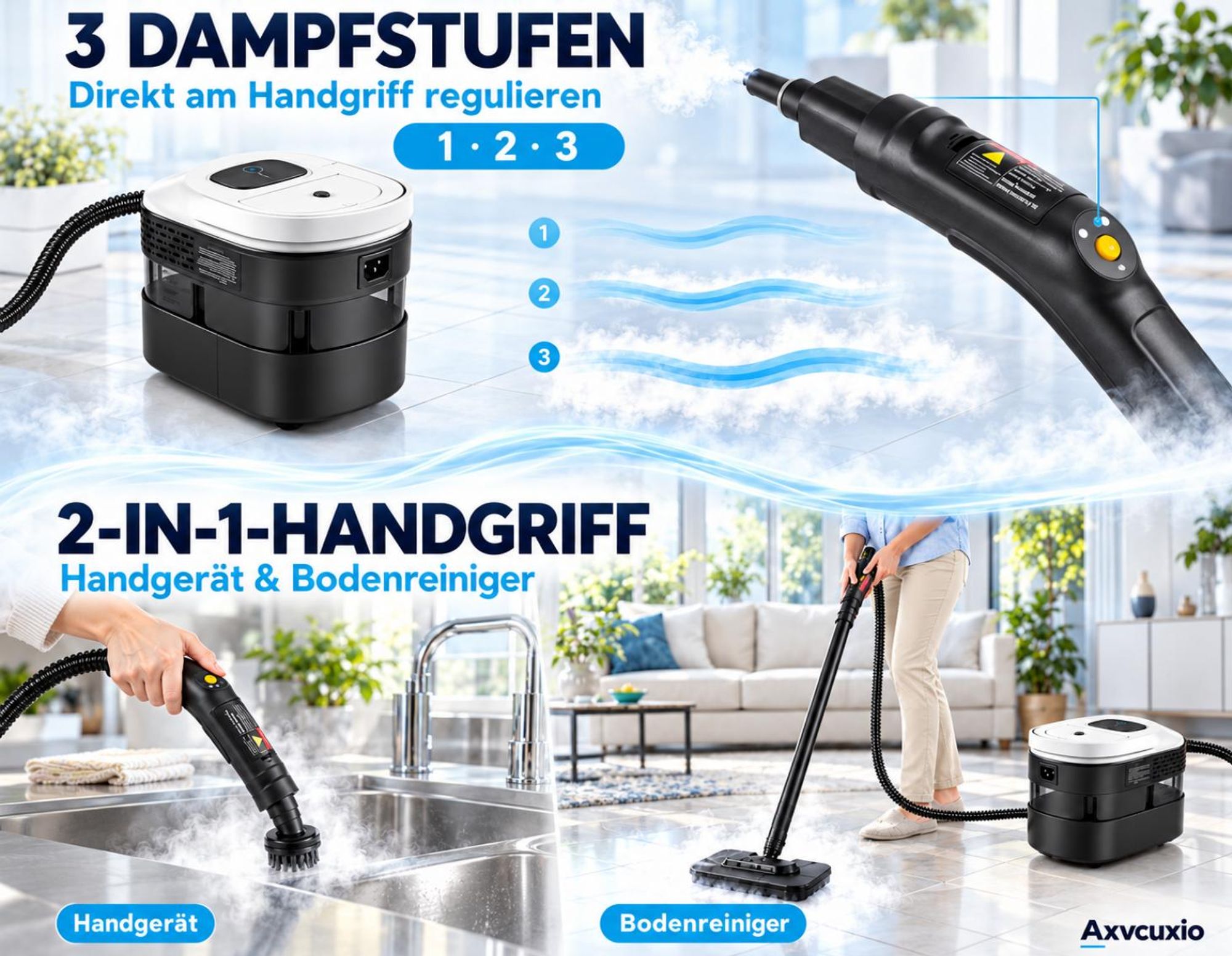 2500W Hand Dampfreiniger für alles mit 15 Zubehör, 4.5bar Dampfdruck 1,6L Tank,Mehrzweck-Dampfgarer, Tragbarer Steam Cleaner für Fenster, Küche, Boden