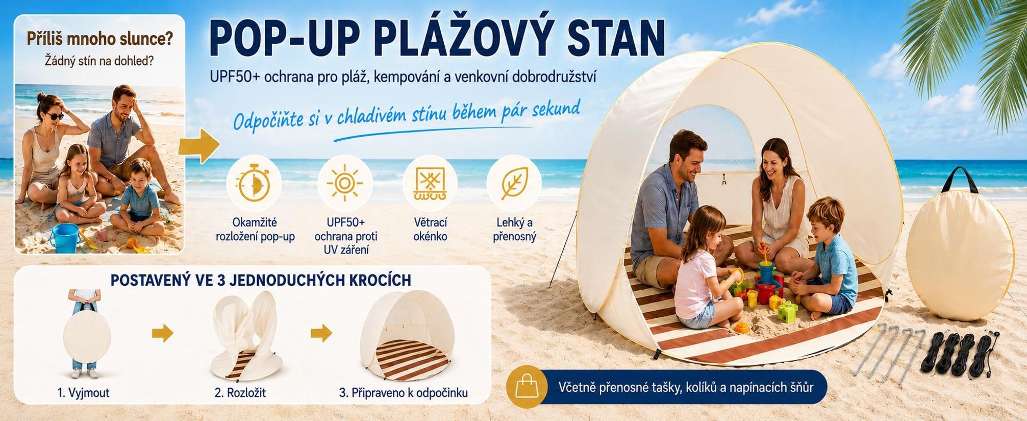 Přenosný slunečník na pláž, plážová boudička vyrobená z voděodolné tkaniny 190T, plážový větrný štít - POPYTENT