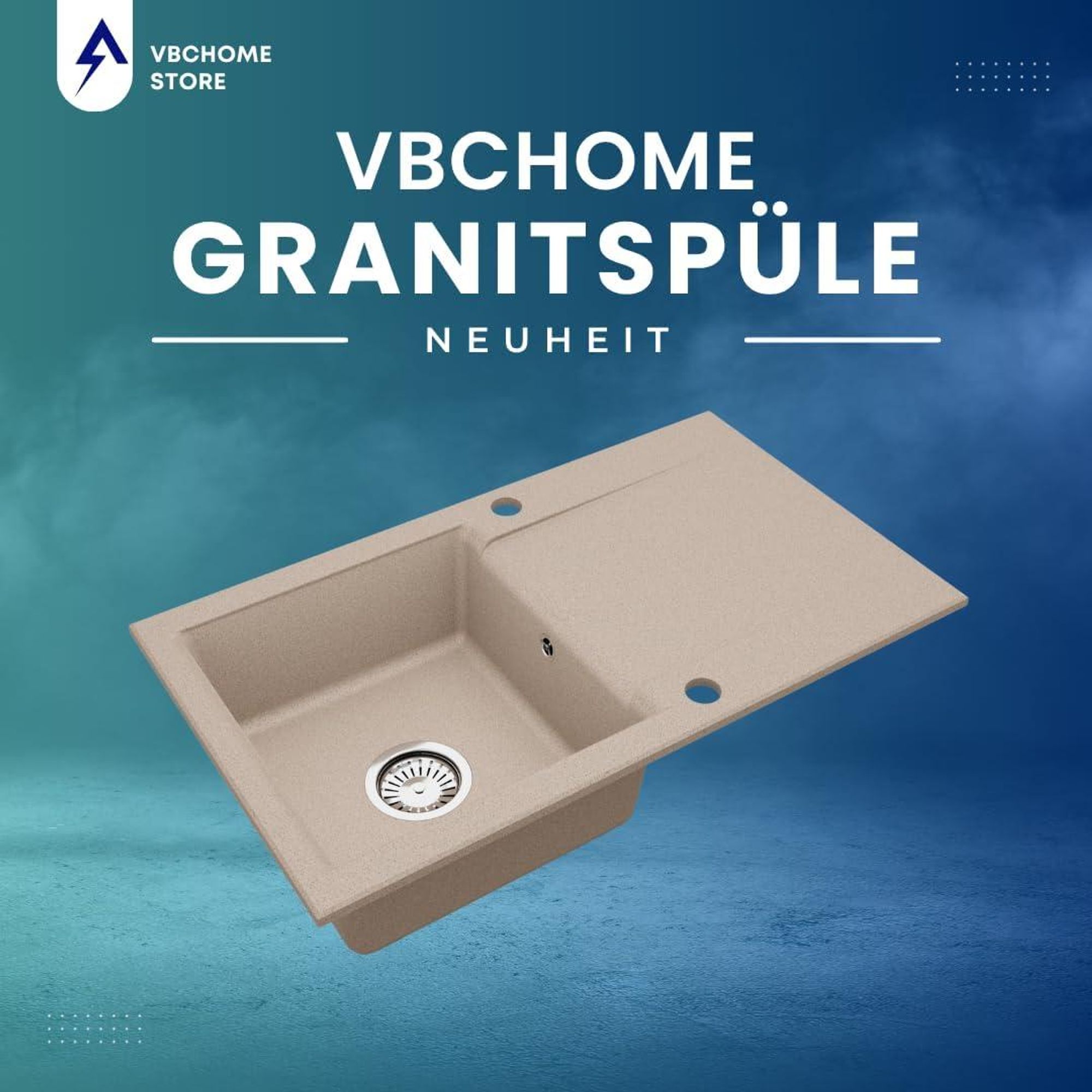 VBChome Granitspüle 76 x 44 cm Beige mit flexibler Armatur Einzelbecken Einbauspüle Reversibel Gesprenkelt Pflegeleichtes Spülbecken mit Siphon