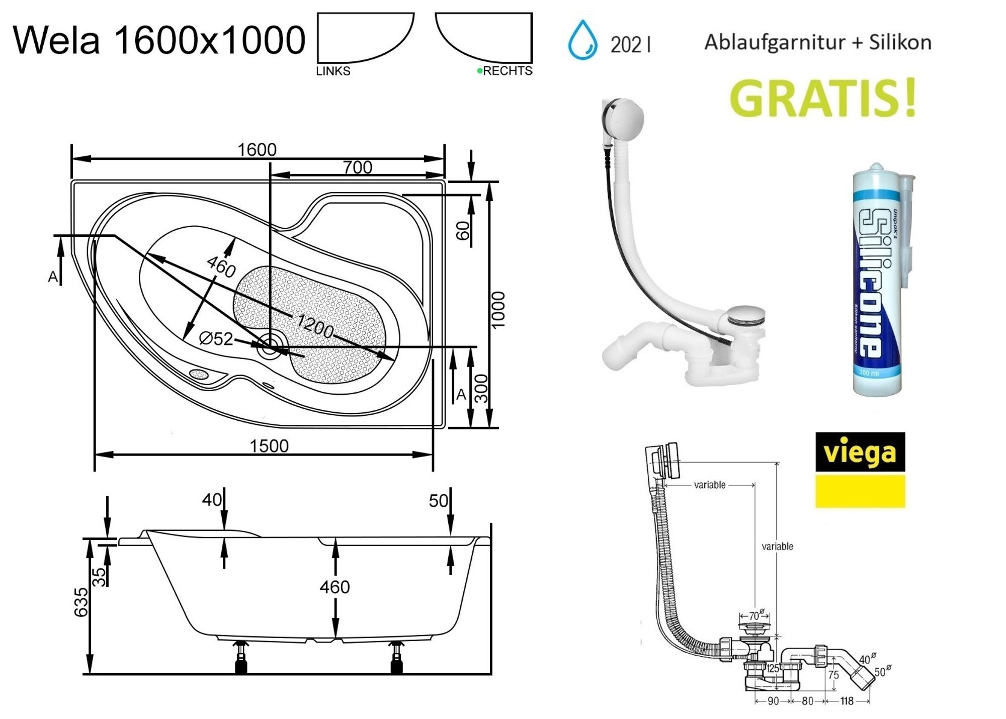 ECOLAM Badewanne WELA 160x100 cm rechts Thermobadewanne + Schürze | Wanne mit Isolierung Wärmeschutz Acrylwanne Ablauf Silikon
