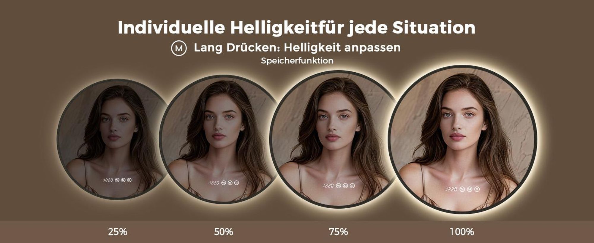 S'AFIELINA LED Badezimmerspiegel Rund Ø80 cm, Schwarzer Rahmen, 3 Lichtfarben, stufenlos dimmbar, Antibeschlag, Uhr & Temperaturanzeige, Memory
