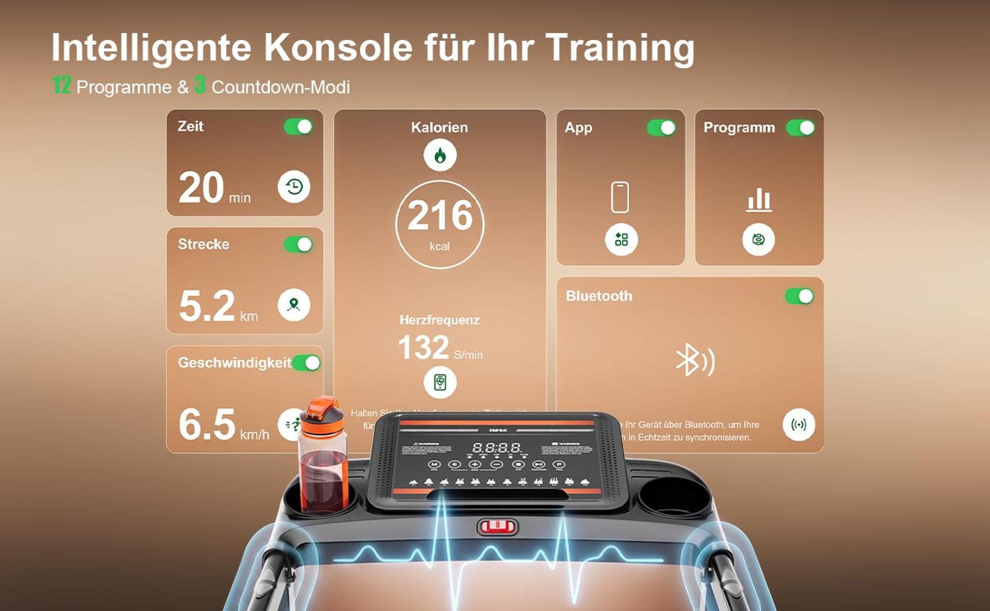 Kehot Laufband 1-12 km/h, Bluetooth, LED-Display, bis 180 kg